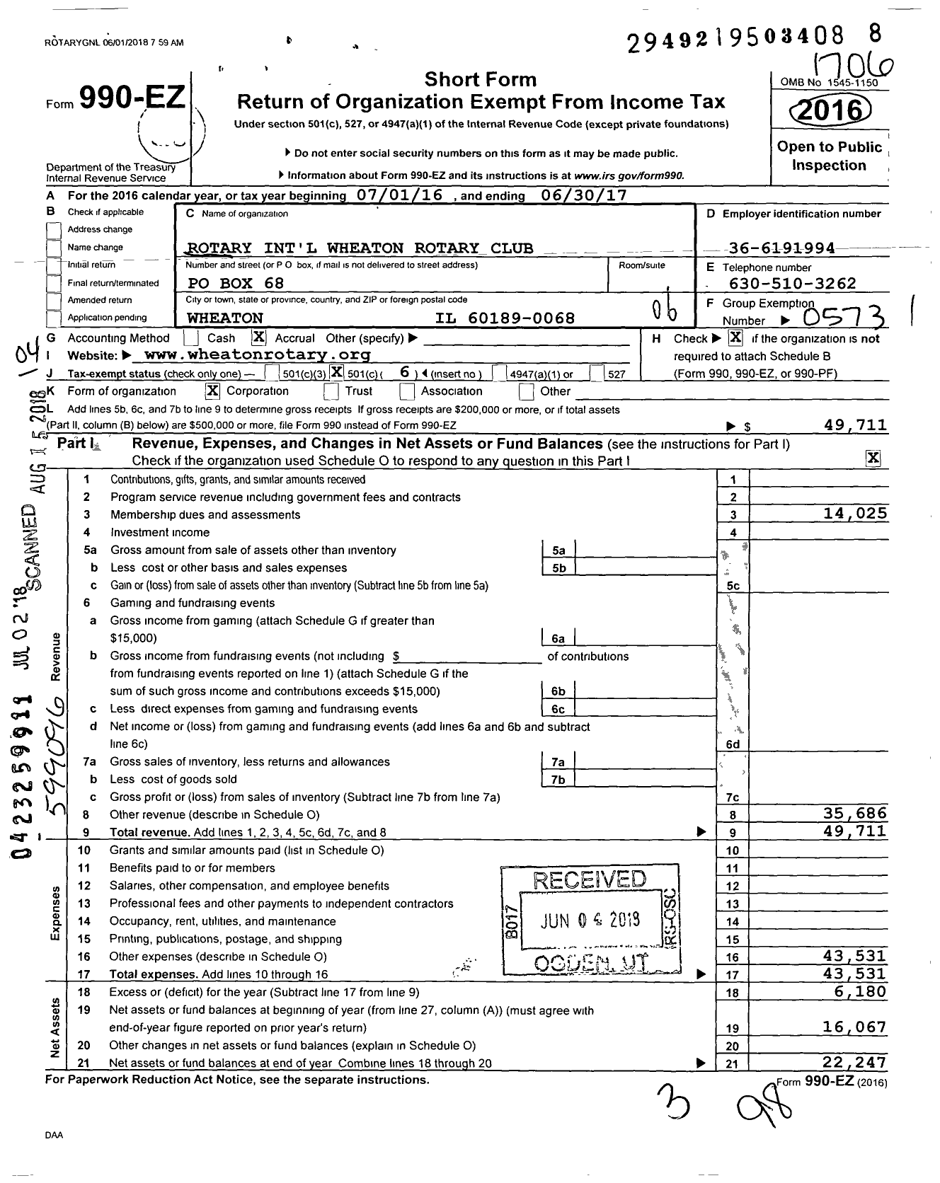 Image of first page of 2016 Form 990EO for Rotary International - Wheaton Rotary Club