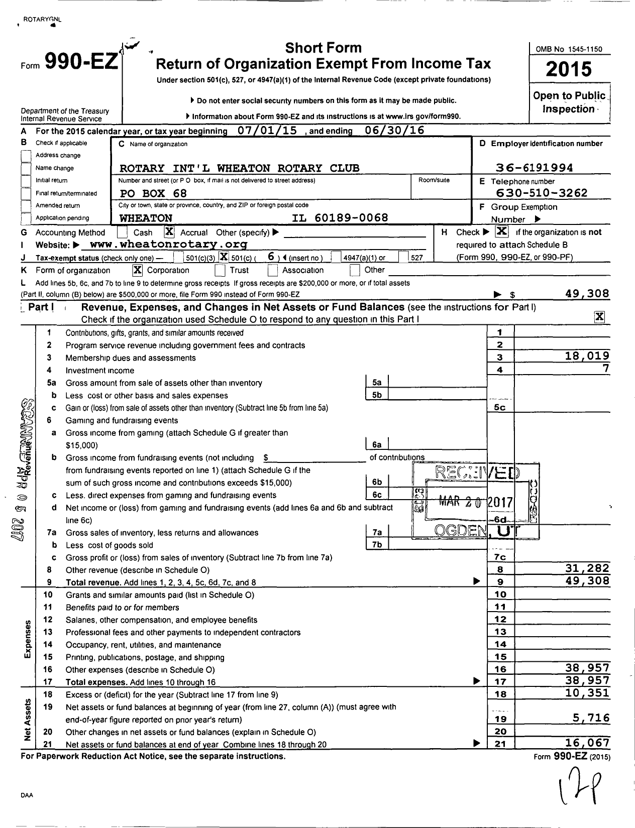 Image of first page of 2015 Form 990EO for Rotary International - Wheaton Rotary Club