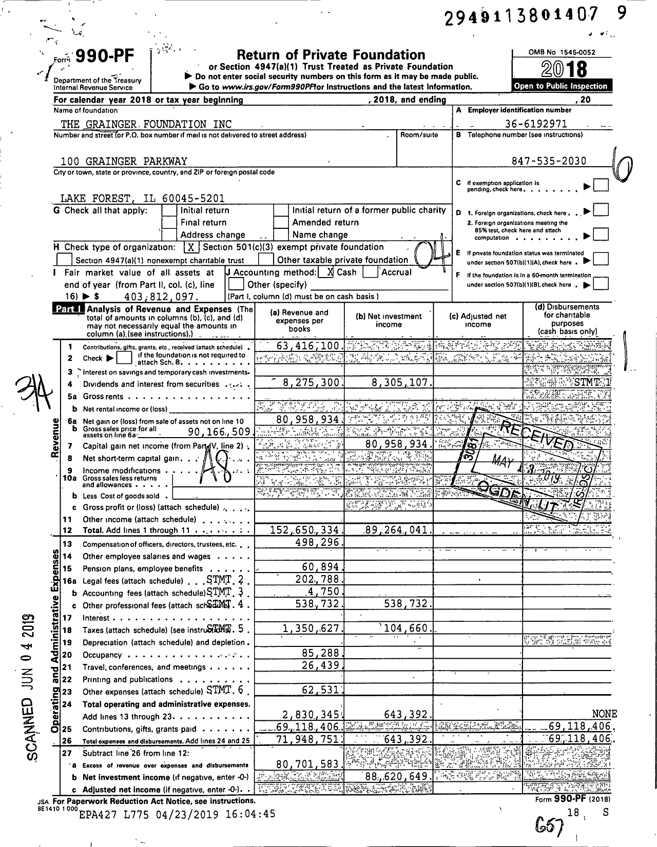 Image of first page of 2018 Form 990PF for The Grainger Foundation