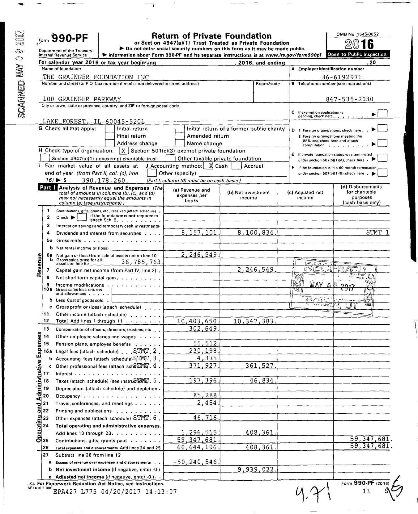 Image of first page of 2016 Form 990PF for The Grainger Foundation