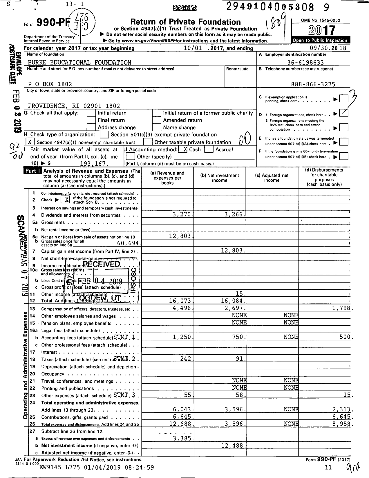 Image of first page of 2017 Form 990PF for Burke Educational Foundation