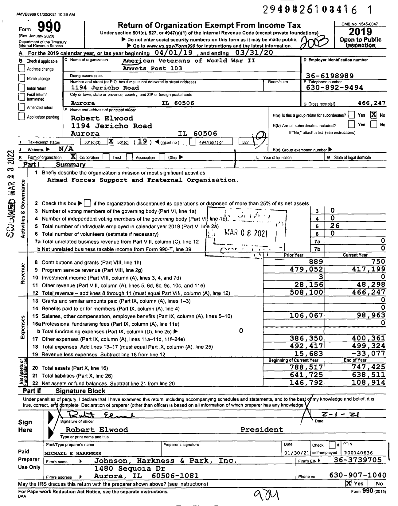 Image of first page of 2019 Form 990O for American Veterans of World War Ii Amvets Post 103