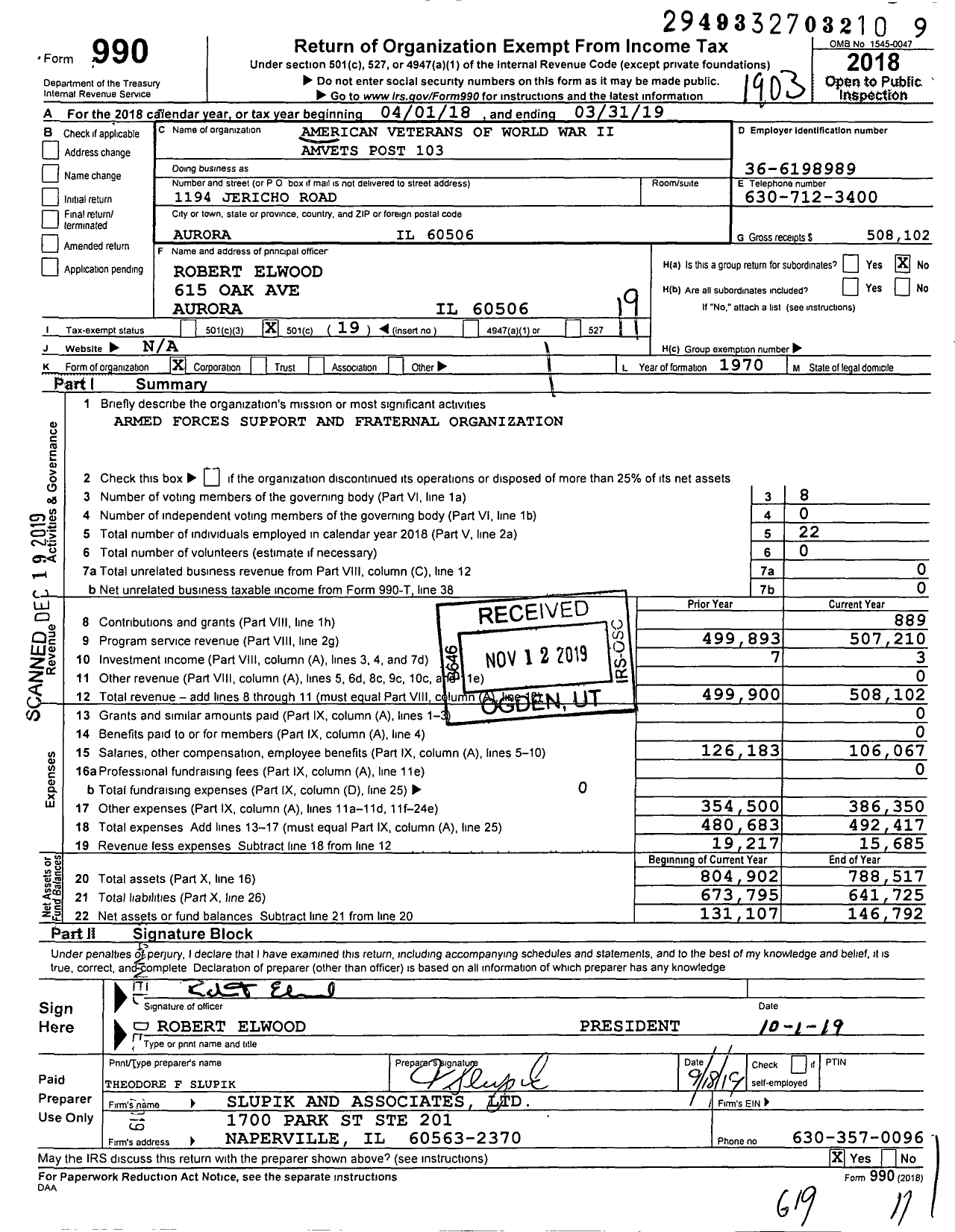 Image of first page of 2018 Form 990O for American Veterans of World War Ii Amvets Post 103