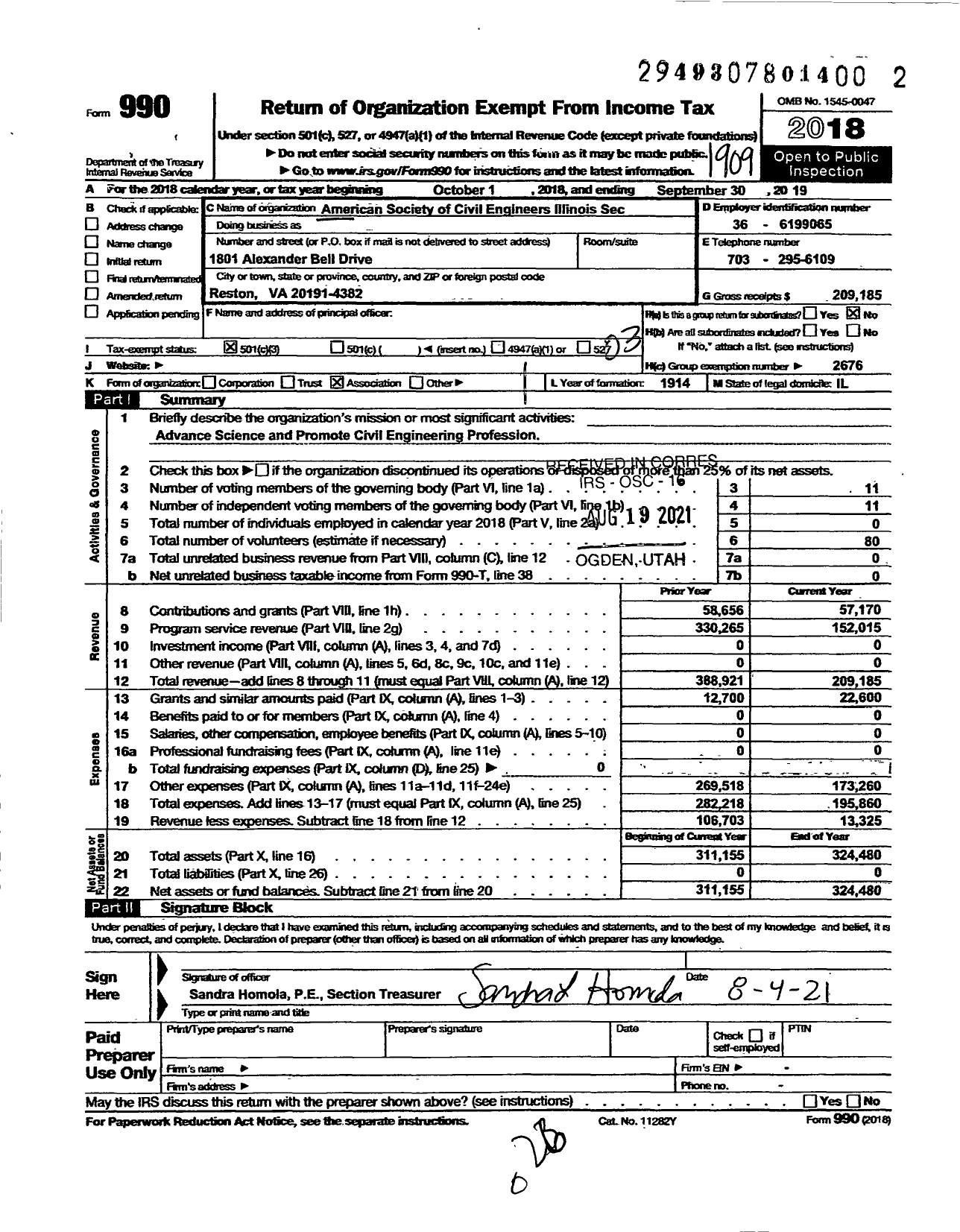 Image of first page of 2018 Form 990 for AMERICAN SOCIETY OF CIVIL ENGINEERS Illinois Section