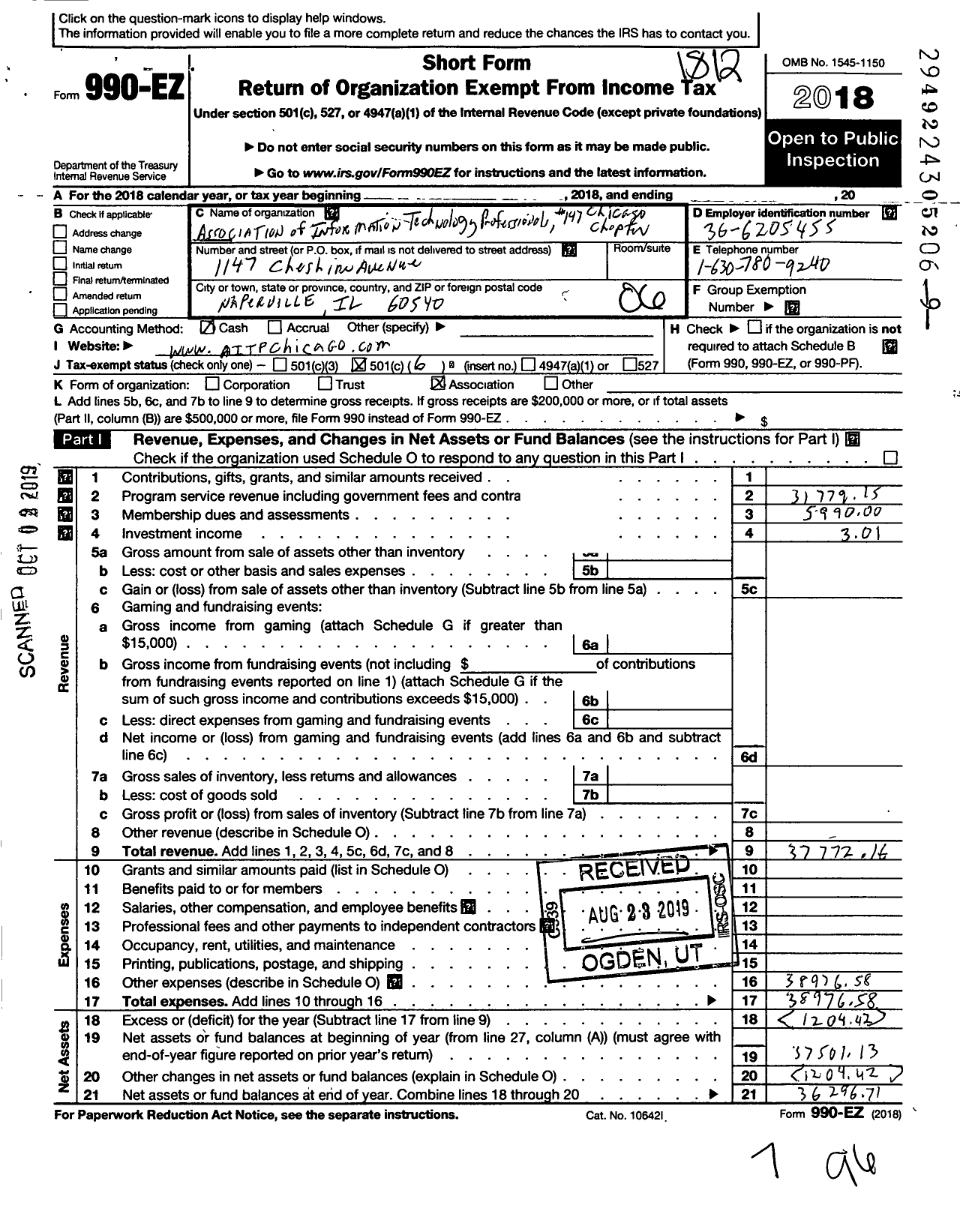 Image of first page of 2018 Form 990EO for Association of Information Technology Professionals - 147 Chicago Chapter