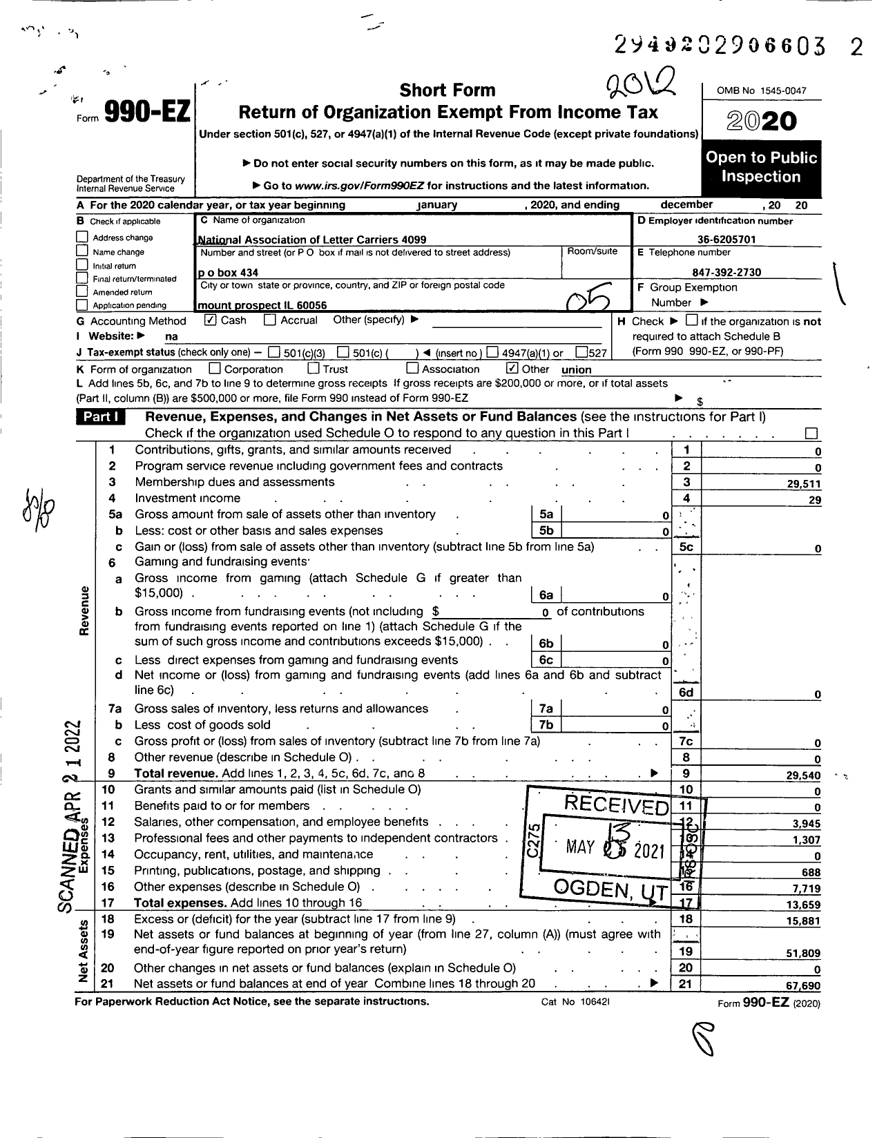 Image of first page of 2020 Form 990EO for National Association of Letter Carriers - 4099 Mount Prospect Illinois