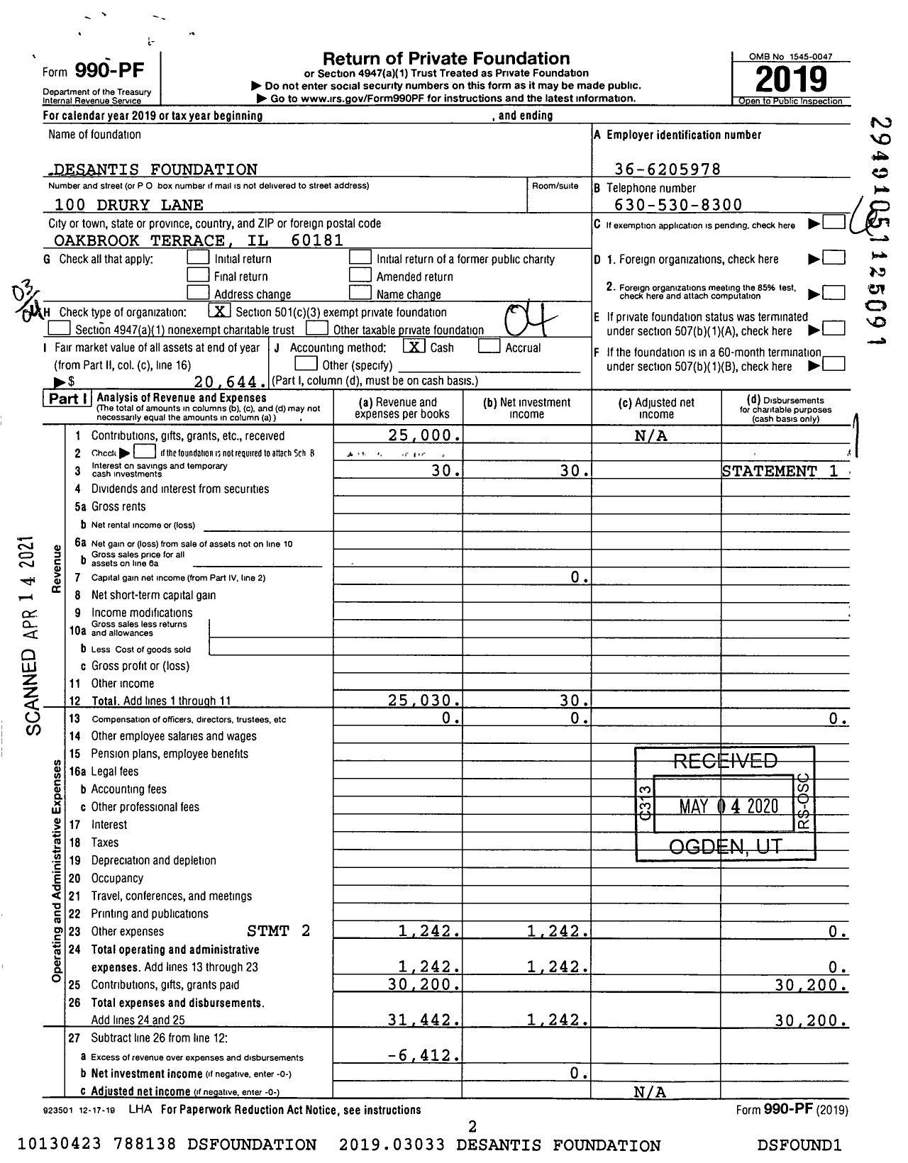 Image of first page of 2019 Form 990PF for Desantis Foundation