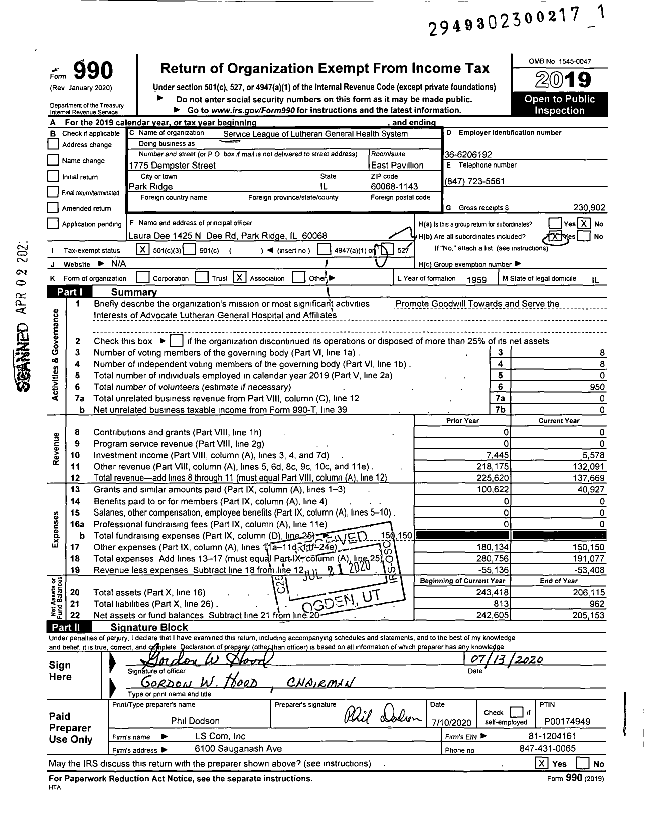Image of first page of 2019 Form 990 for Service League of Lutheran General Health System