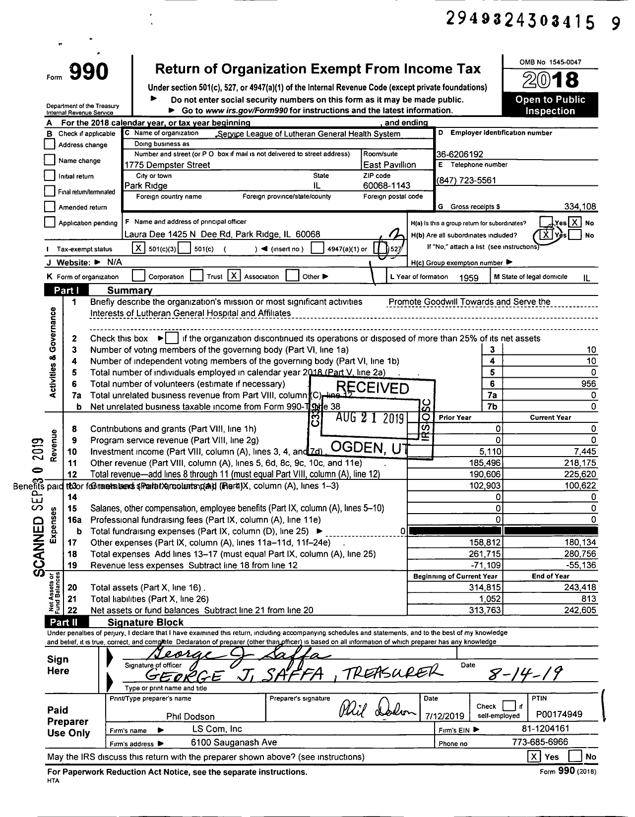 Image of first page of 2018 Form 990 for Service League of Lutheran General Health System