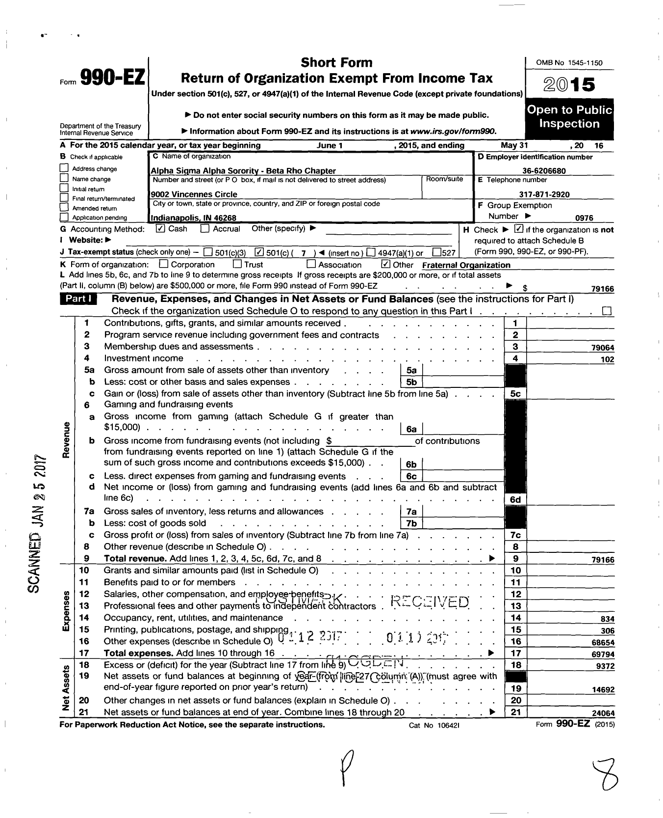 Image of first page of 2015 Form 990EO for Alpha Sigma Alpha Sorority / Beta Rho Chapter