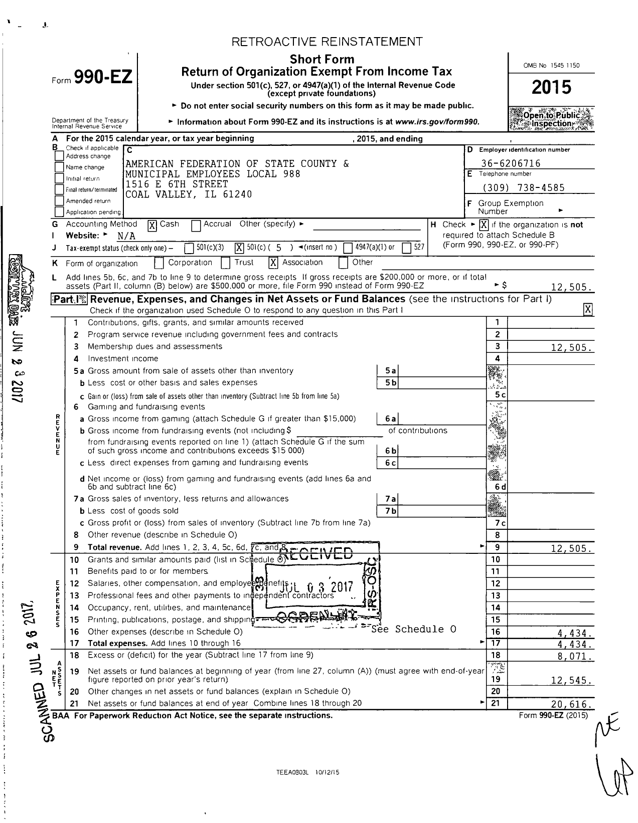 Image of first page of 2015 Form 990EO for American Federation of State County and Municipal Employees Local 988