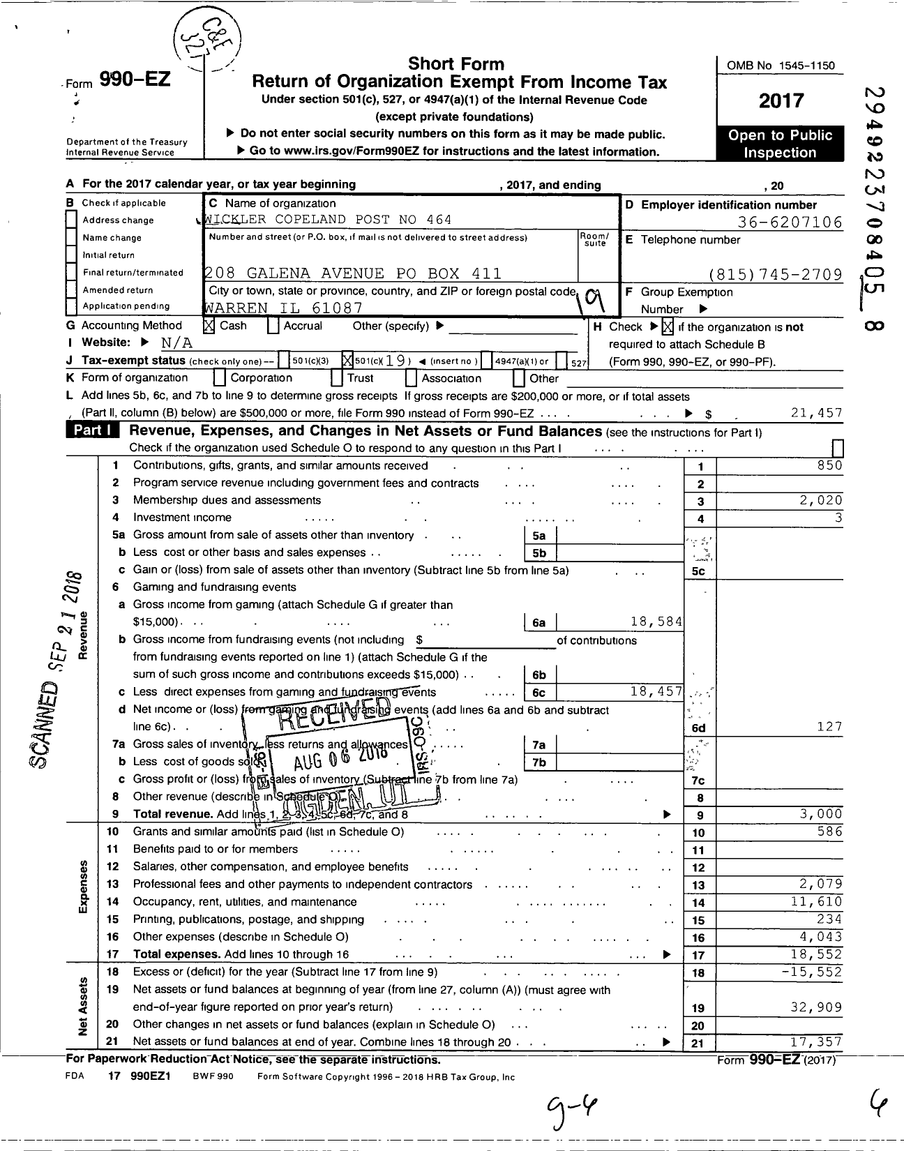 Image of first page of 2017 Form 990EO for AMERICAN LEGION - 0464 Wickler-Copeland