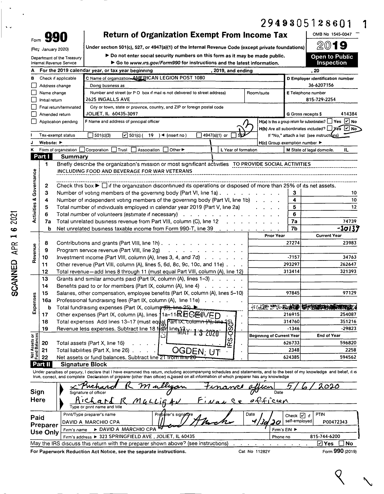 Image of first page of 2019 Form 990 for American Legion - 1080 St Joseph