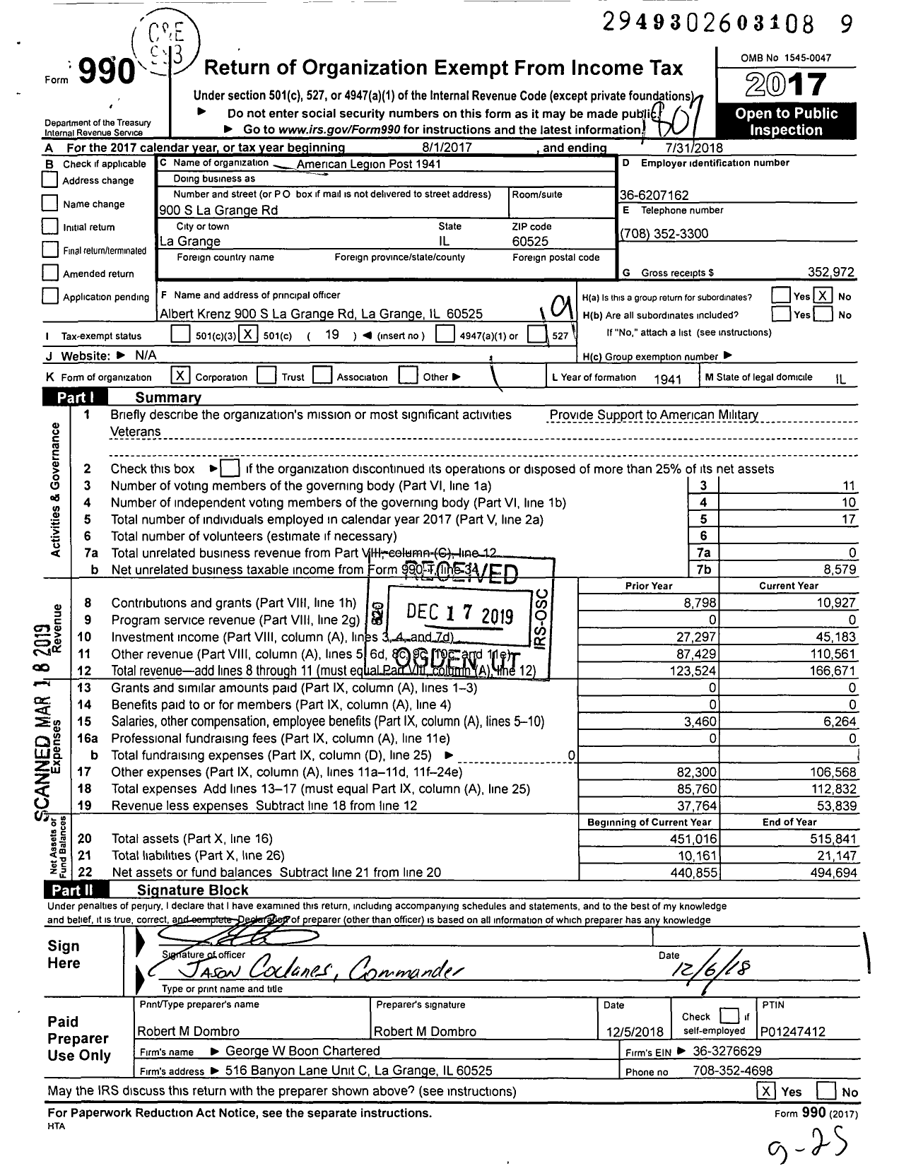 Image of first page of 2017 Form 990O for American Legion Post 1941