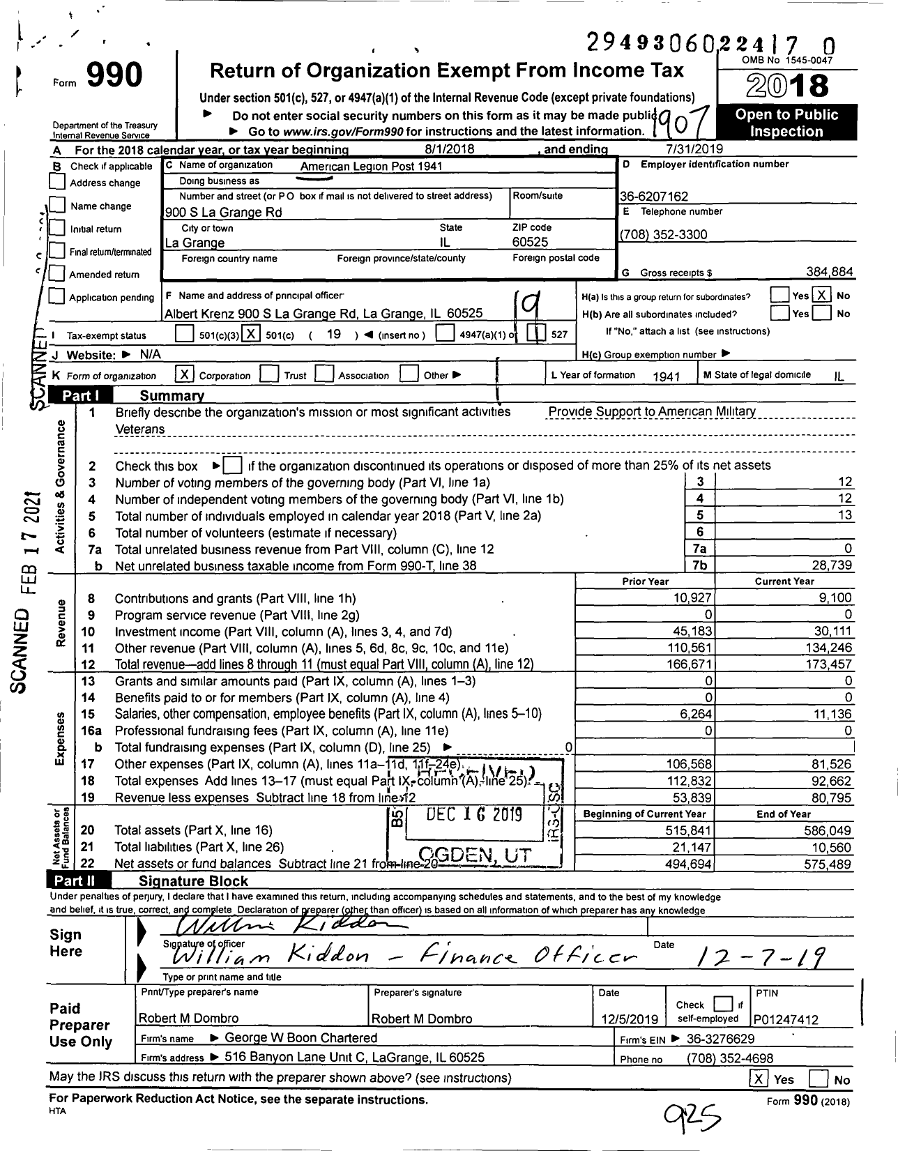 Image of first page of 2018 Form 990O for American Legion Post 1941