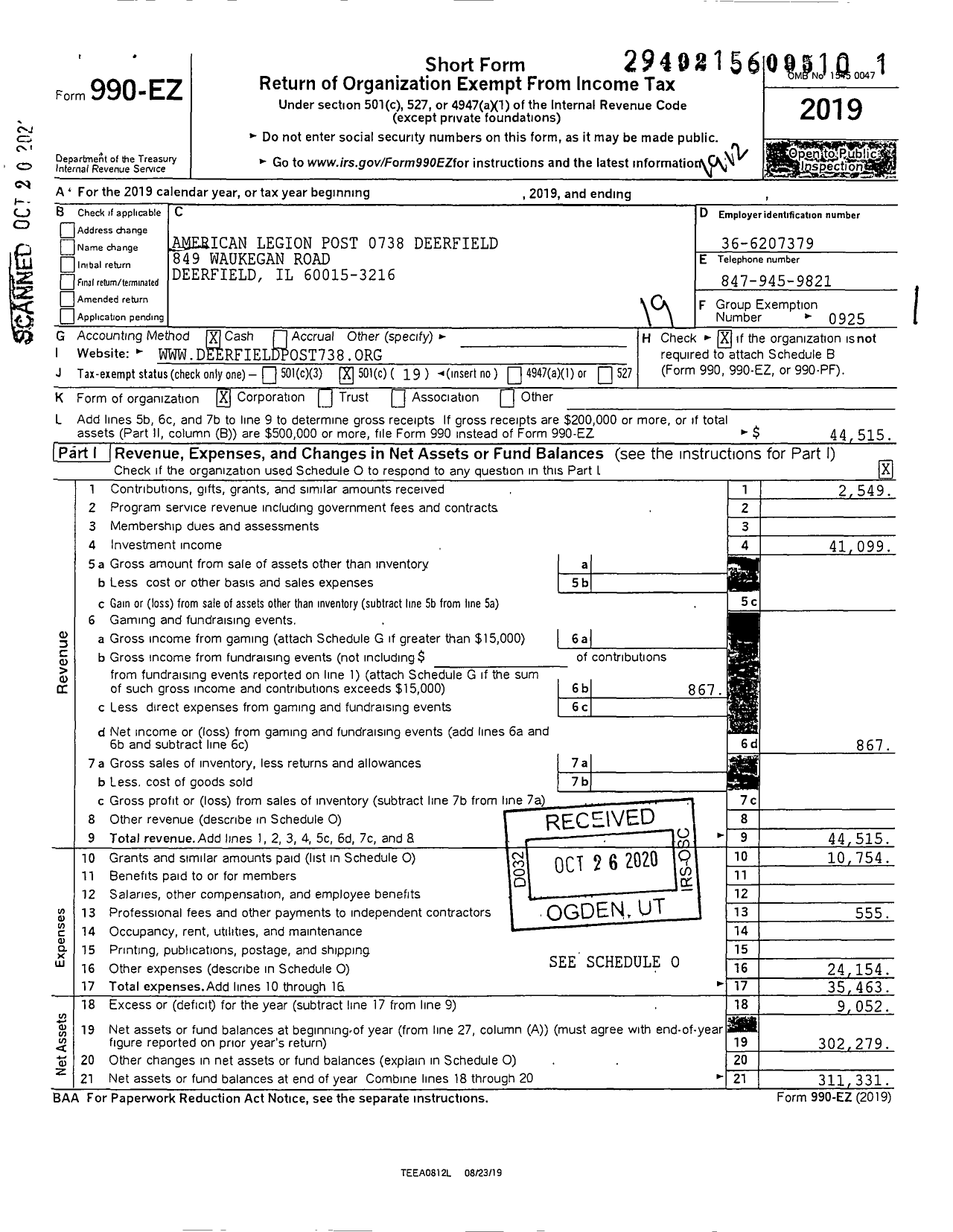 Image of first page of 2019 Form 990EO for American Legion - 0738 Deerfield