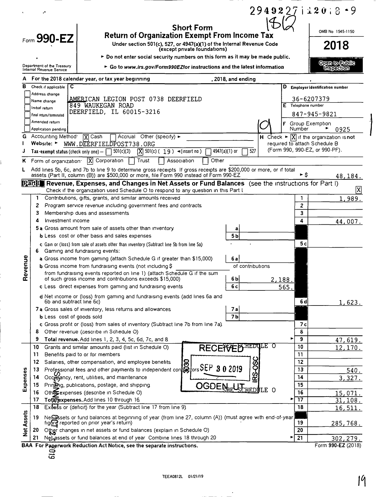 Image of first page of 2018 Form 990EO for American Legion - 0738 Deerfield