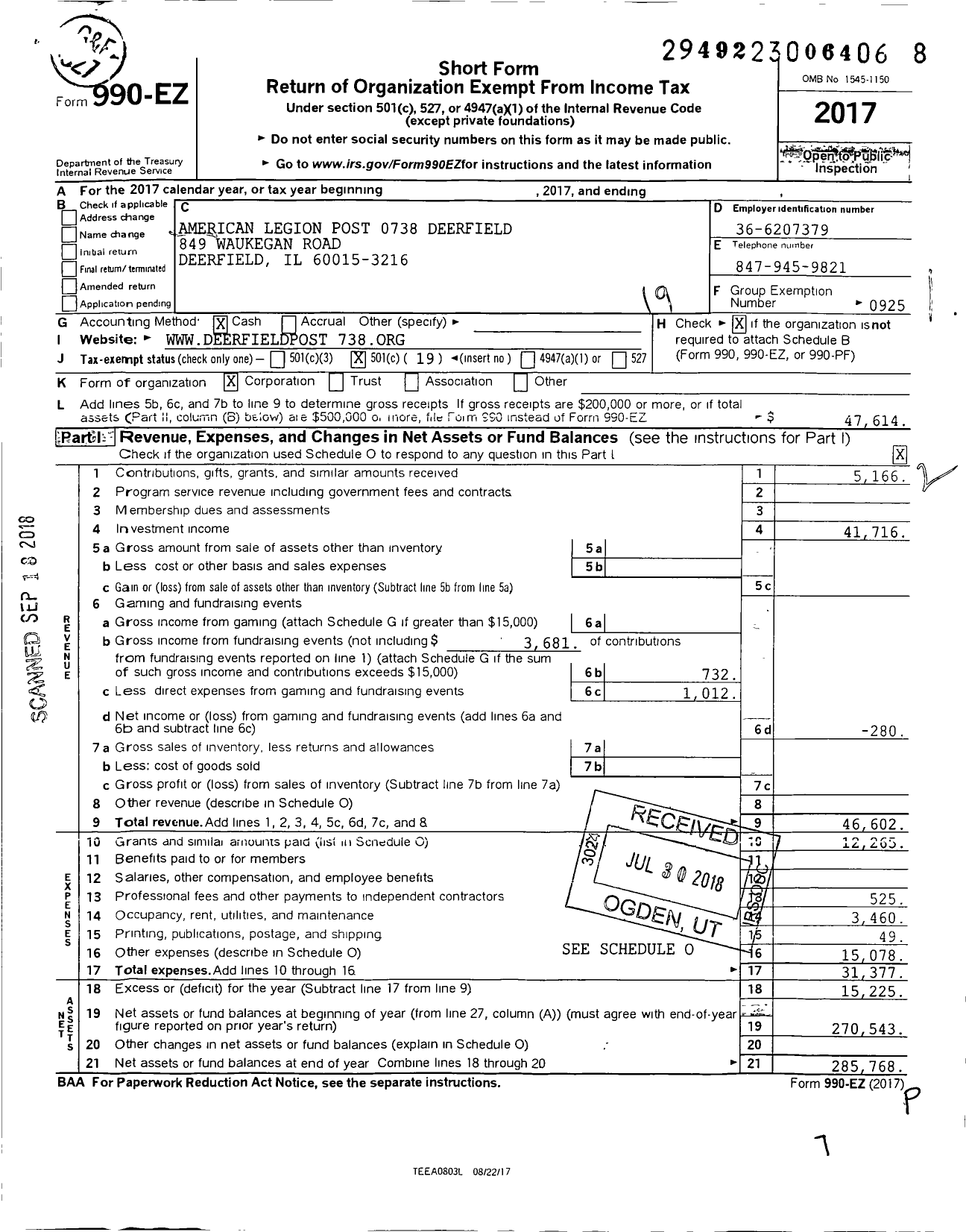 Image of first page of 2017 Form 990EO for American Legion - 0738 Deerfield