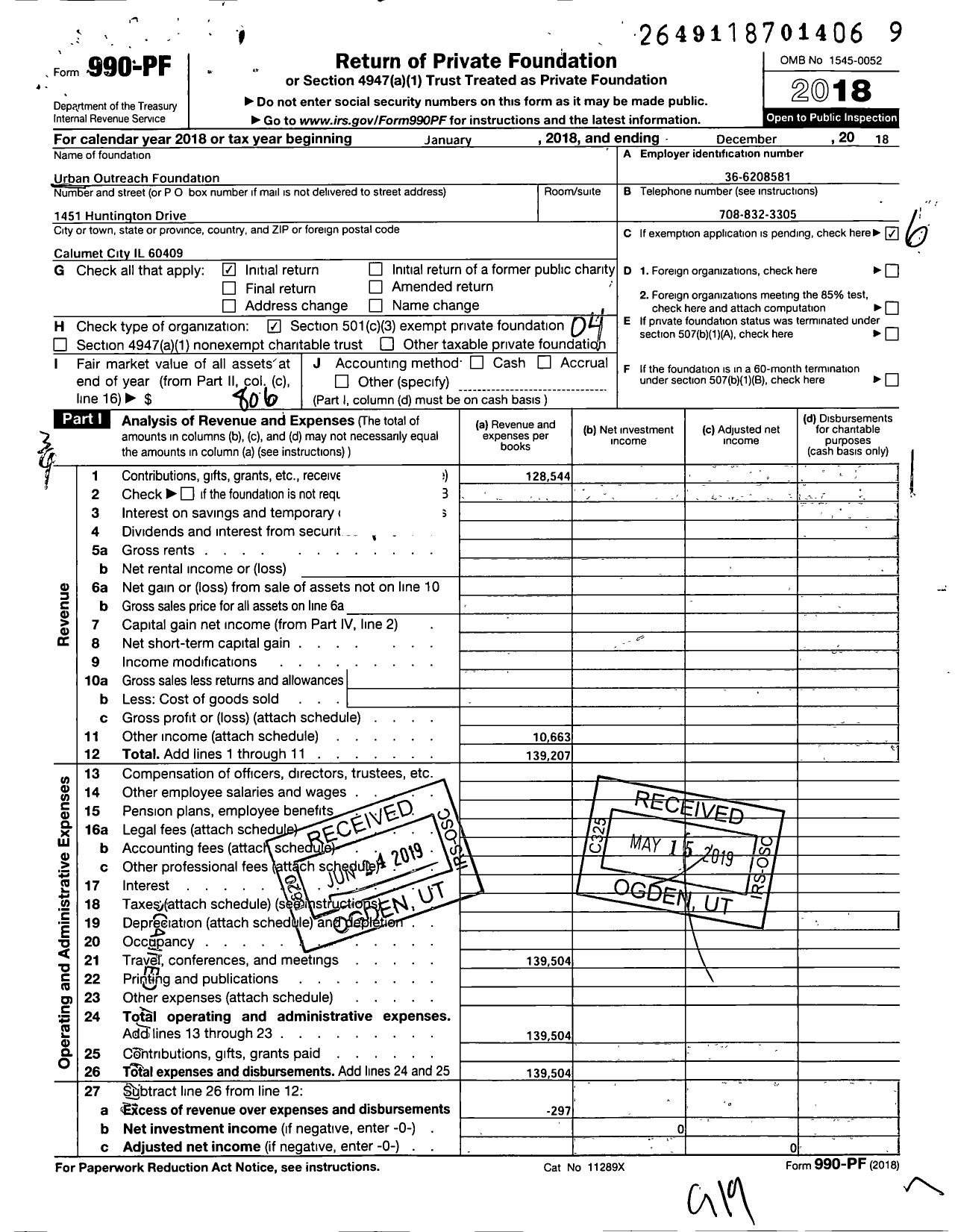 Image of first page of 2018 Form 990PF for Urban Outreach Foundation