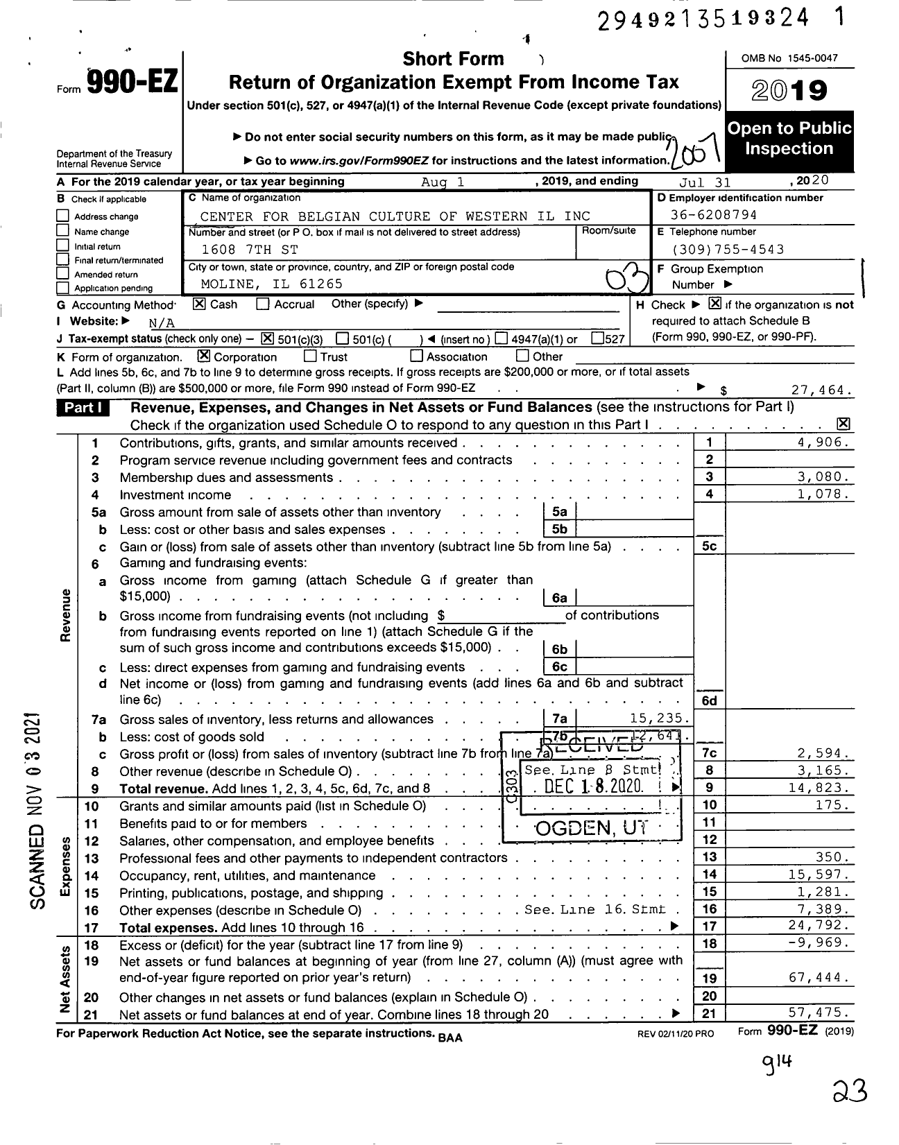 Image of first page of 2019 Form 990EZ for Center for Belgian Culture of Western Il