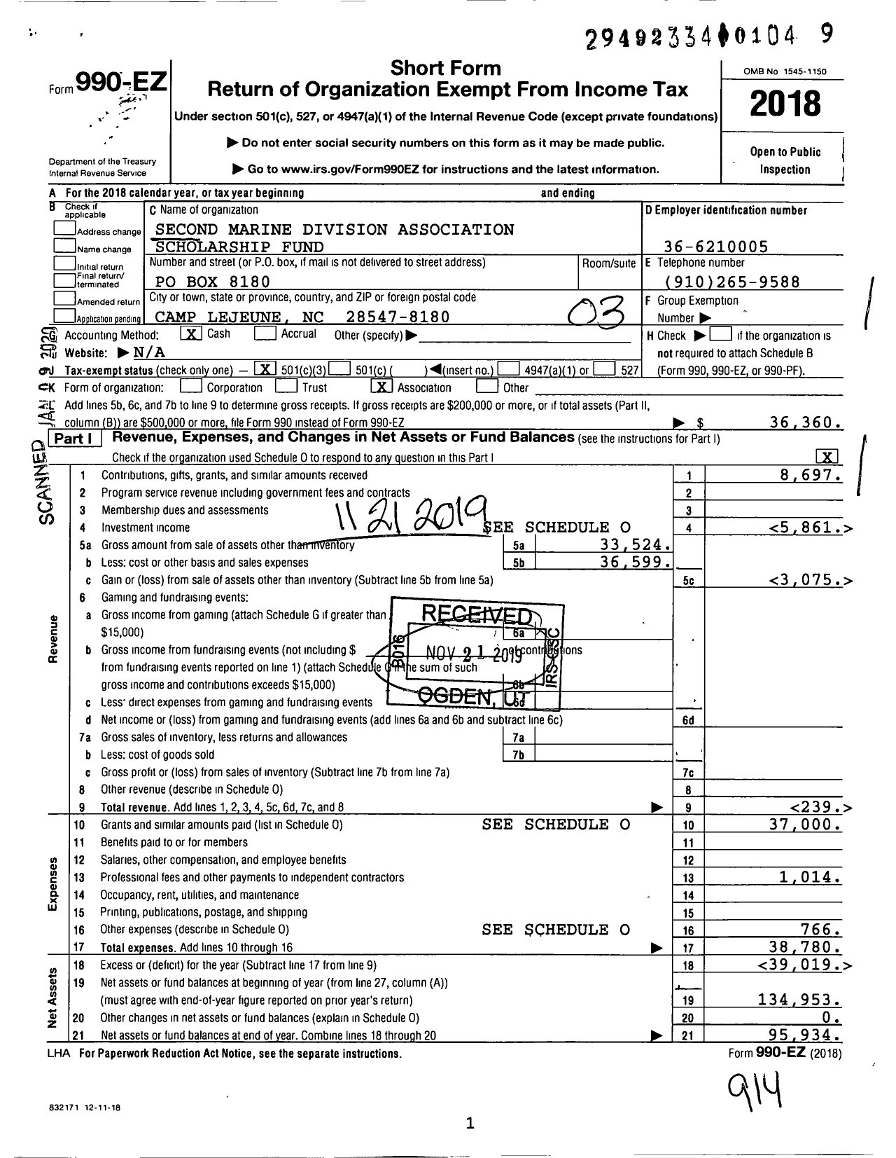 Image of first page of 2018 Form 990EZ for Second Marine Division Association Scholarship Fund