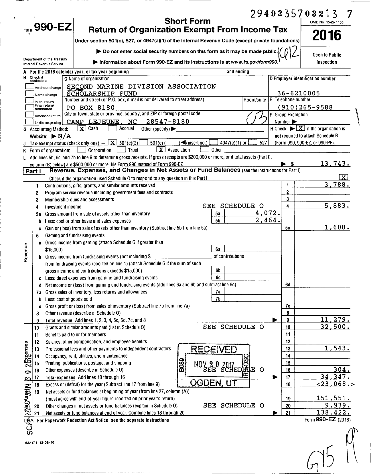 Image of first page of 2016 Form 990EZ for Second Marine Division Association Scholarship Fund