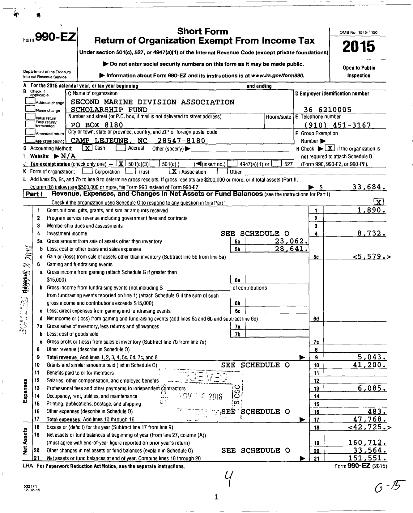 Image of first page of 2015 Form 990EZ for Second Marine Division Association Scholarship Fund