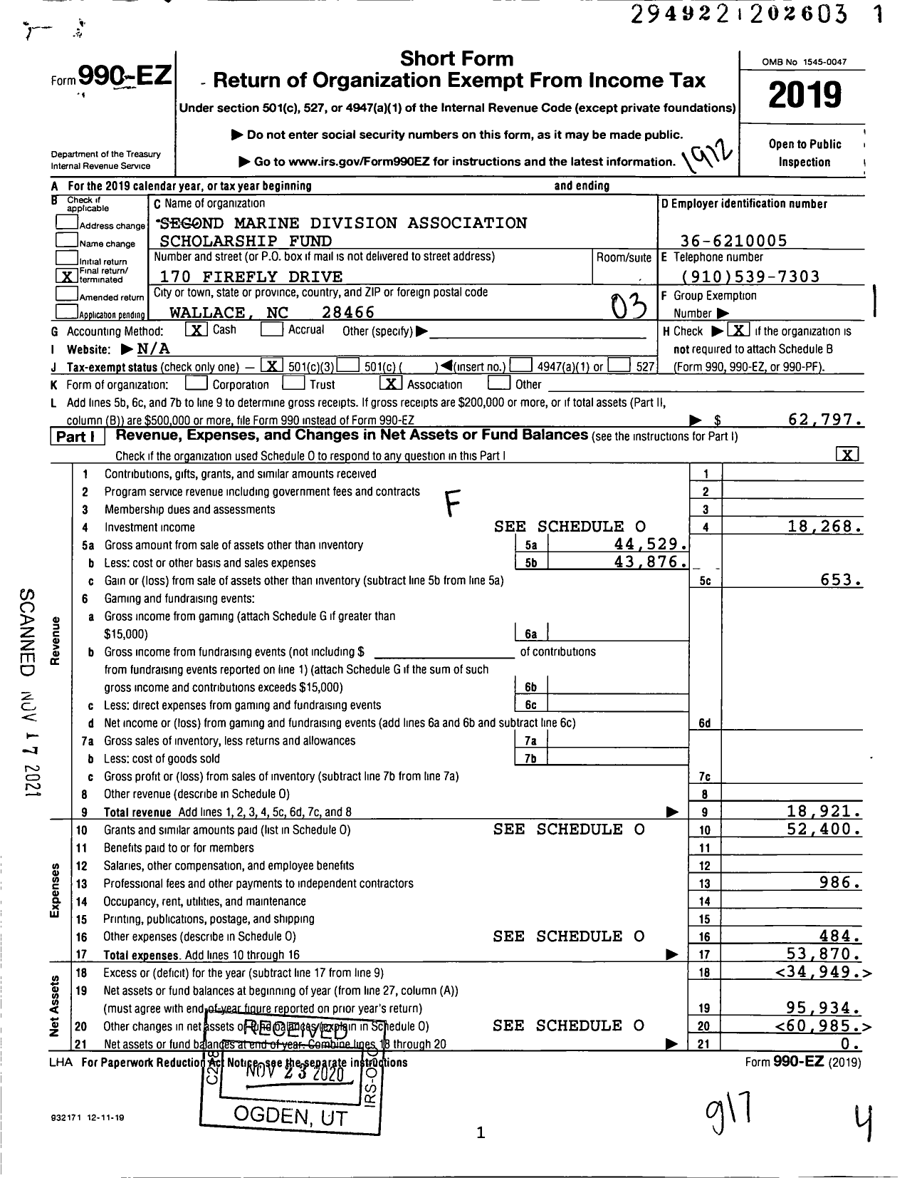 Image of first page of 2019 Form 990EZ for Second Marine Division Association Scholarship Fund