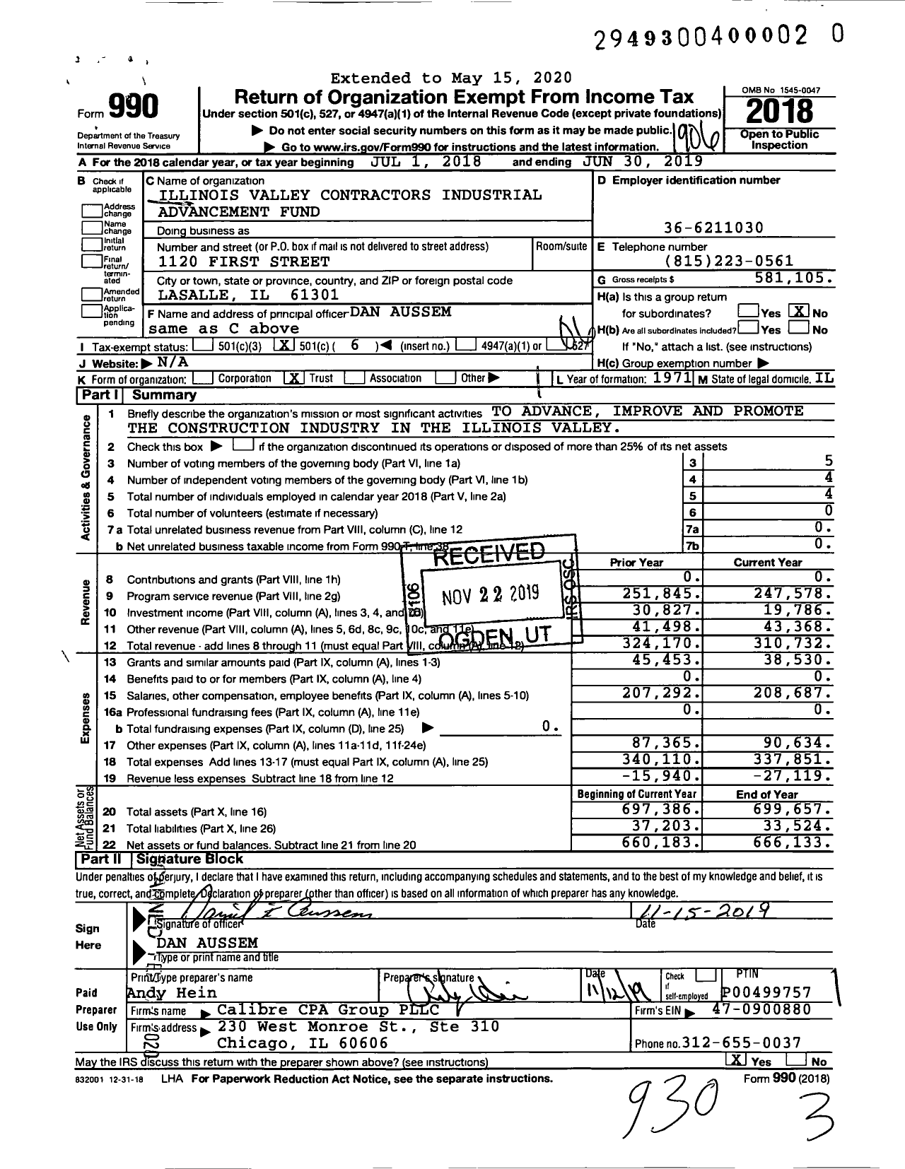Image of first page of 2018 Form 990O for Illinois Valley Contractors Industrial Advancement Fund