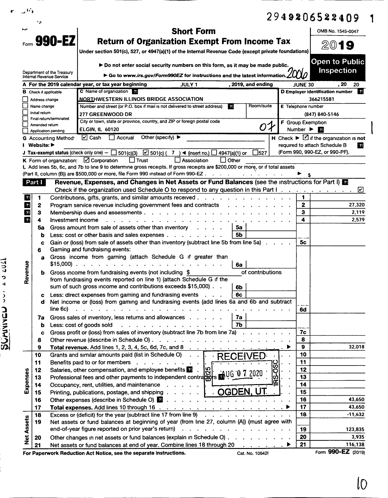 Image of first page of 2019 Form 990EO for Northwestern Illinois Bridge Association