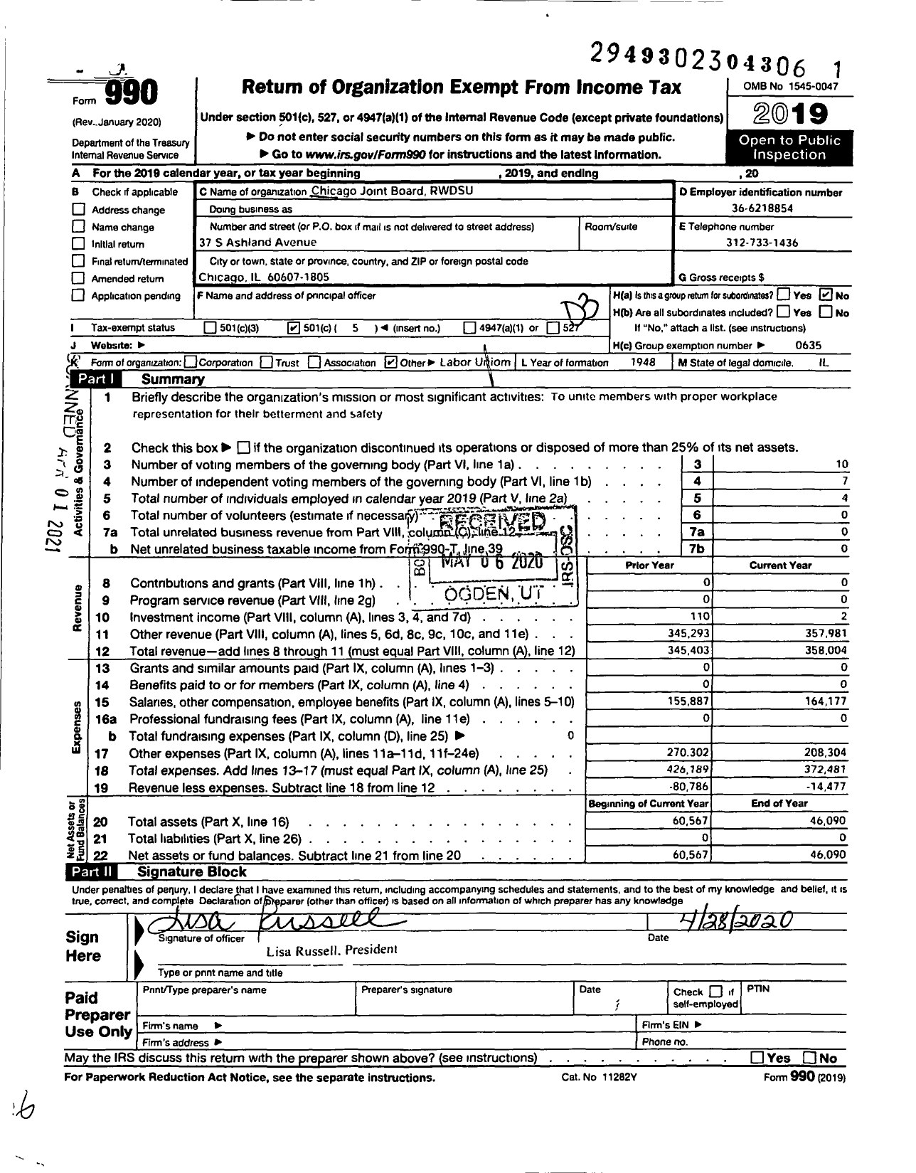 Image of first page of 2019 Form 990 for Chicago Joint Board Rwdsu