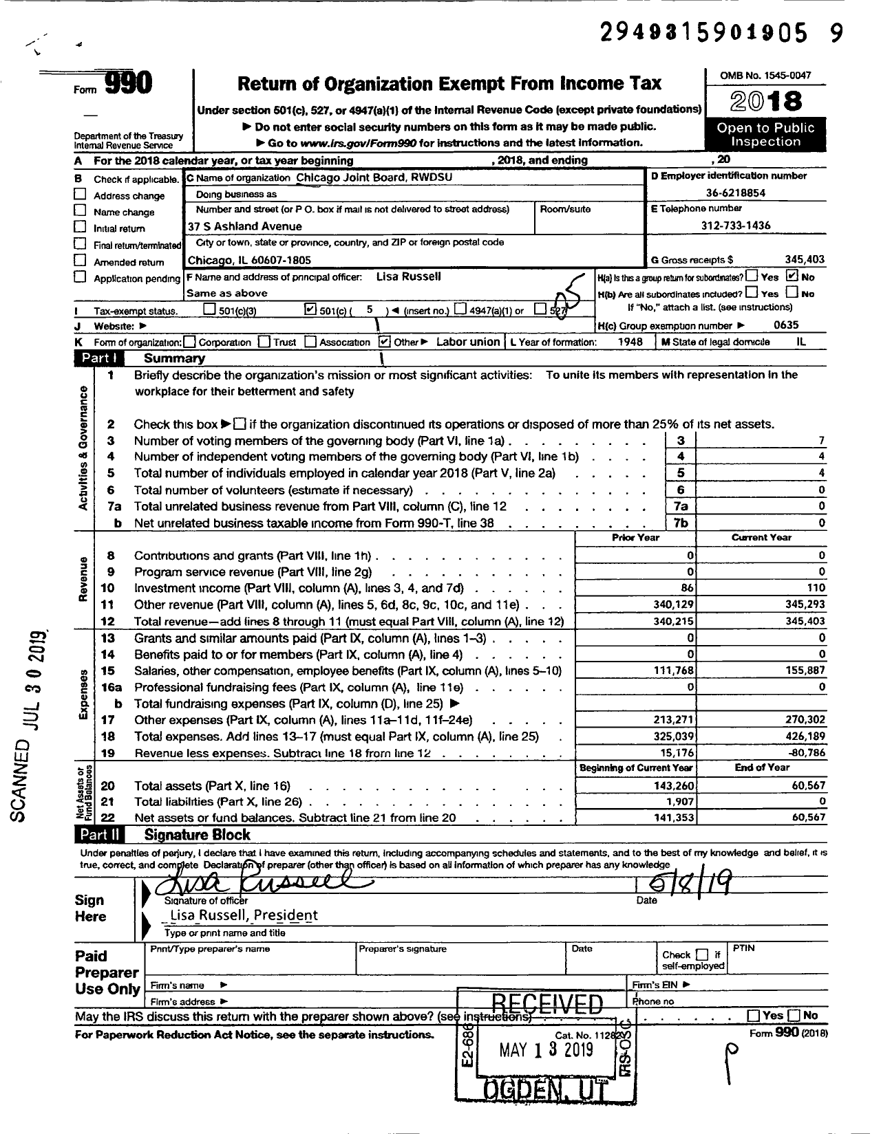 Image of first page of 2018 Form 990O for Chicago Joint Board Rwdsu