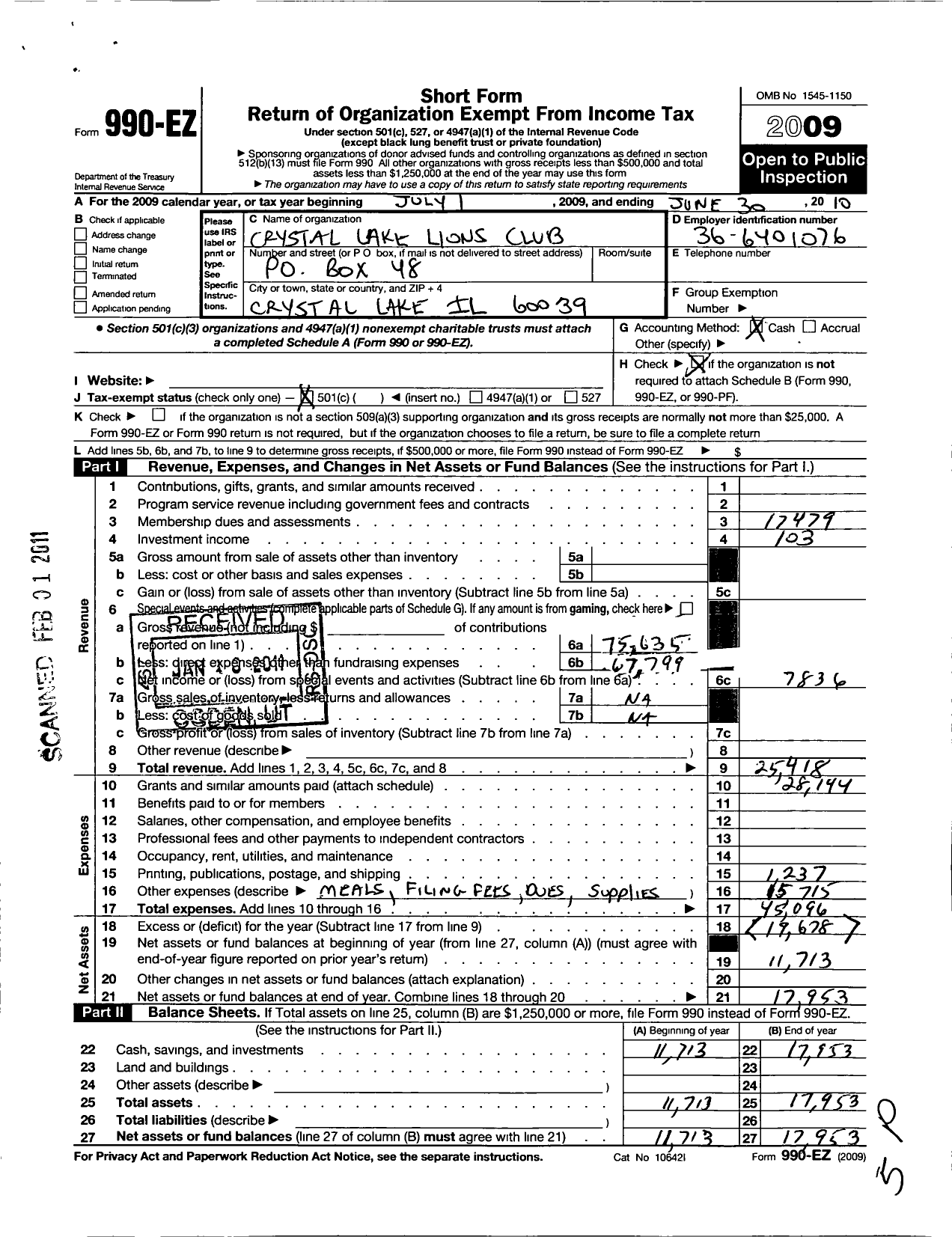 Image of first page of 2009 Form 990EO for Crystal Lake Lions Club