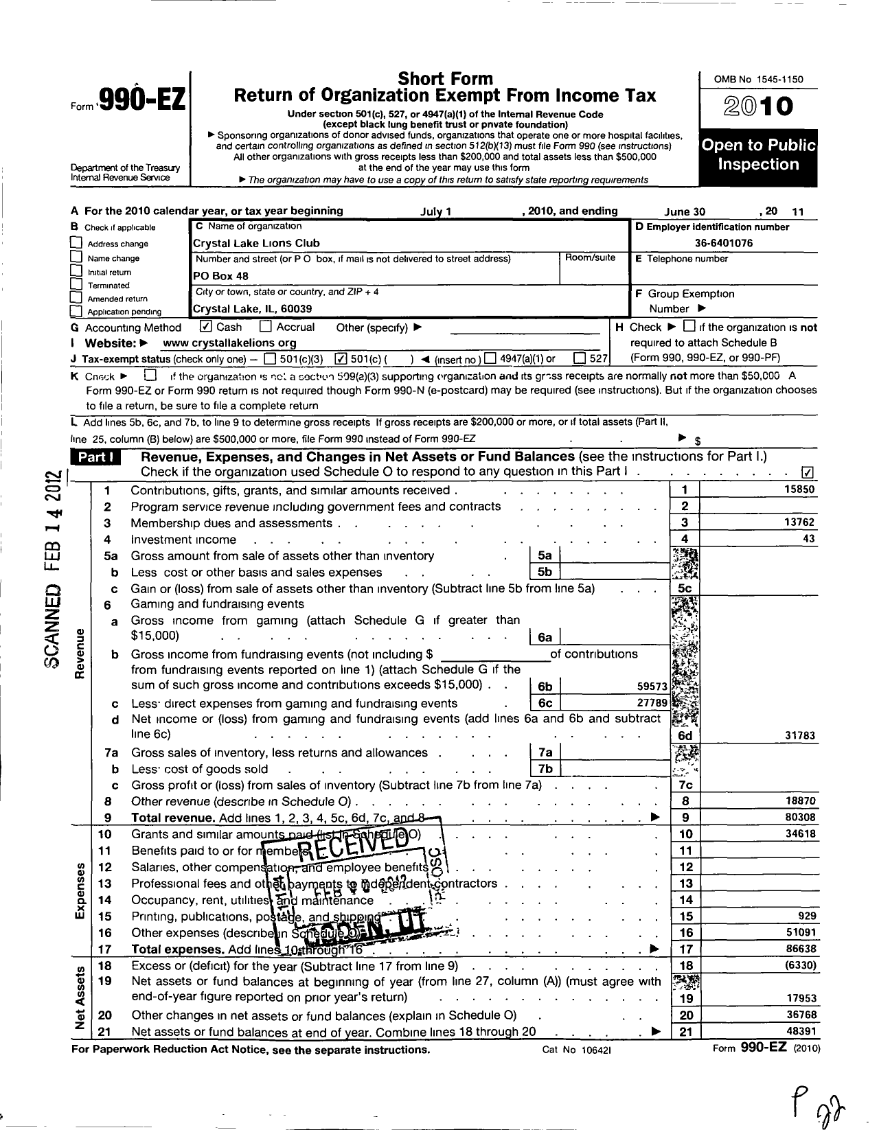 Image of first page of 2010 Form 990EO for Crystal Lake Lions Club