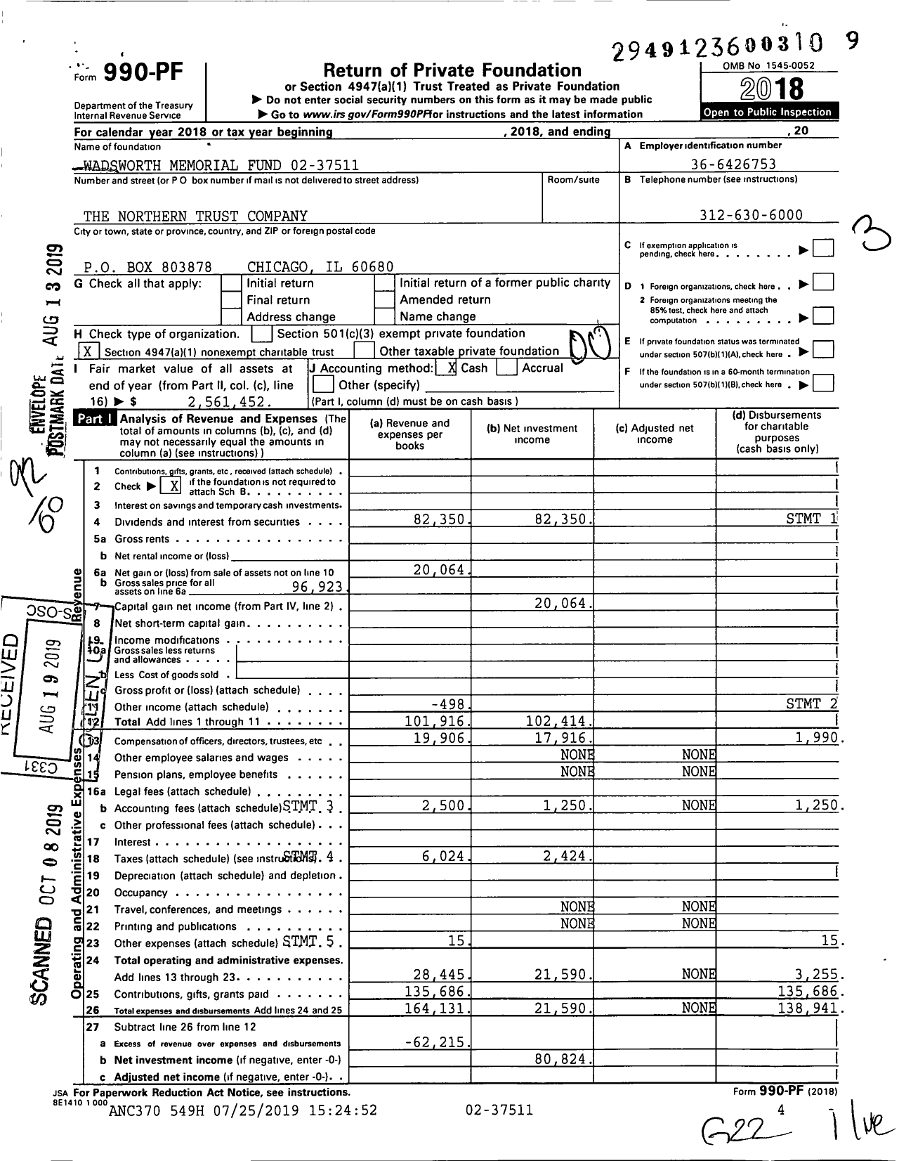 Image of first page of 2018 Form 990PF for Wadsworth Memorial Fund 02-37511