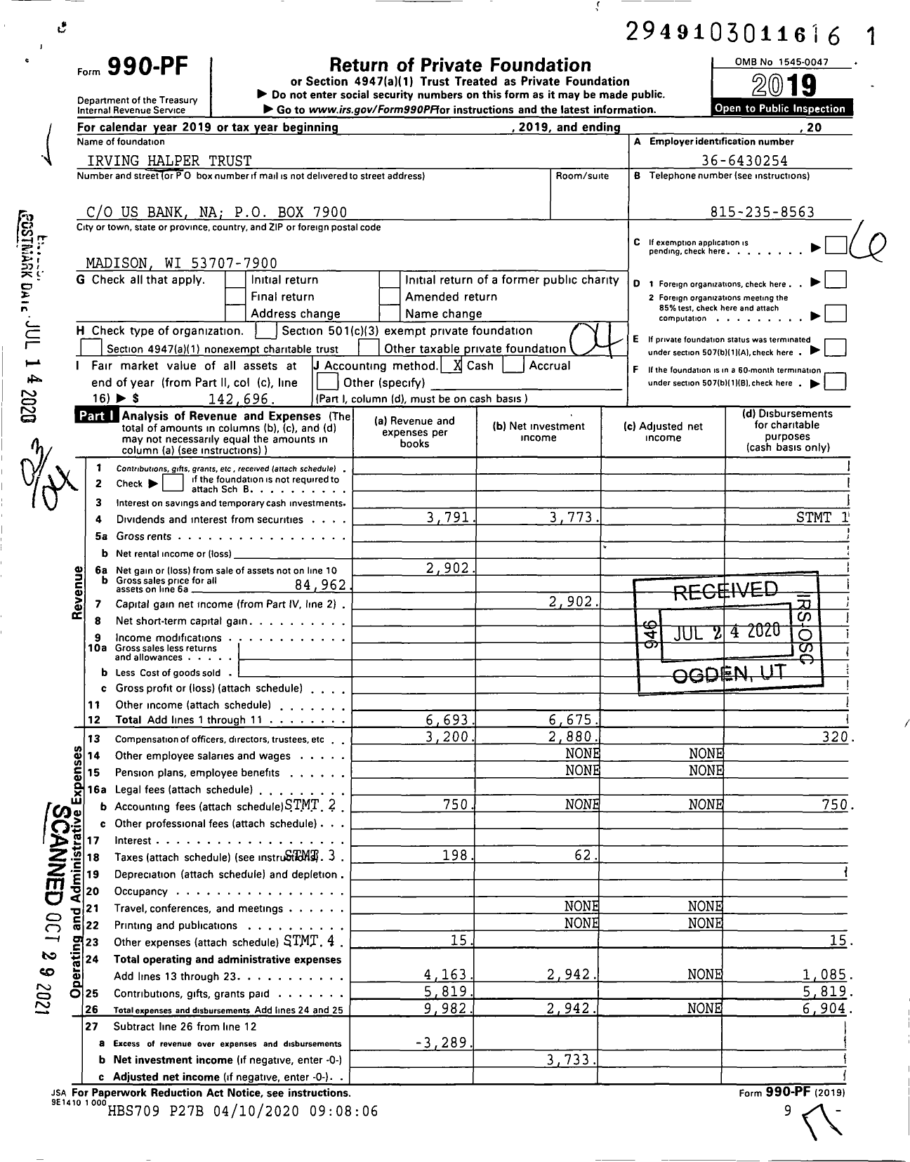 Image of first page of 2019 Form 990PF for Irving Halper Trust