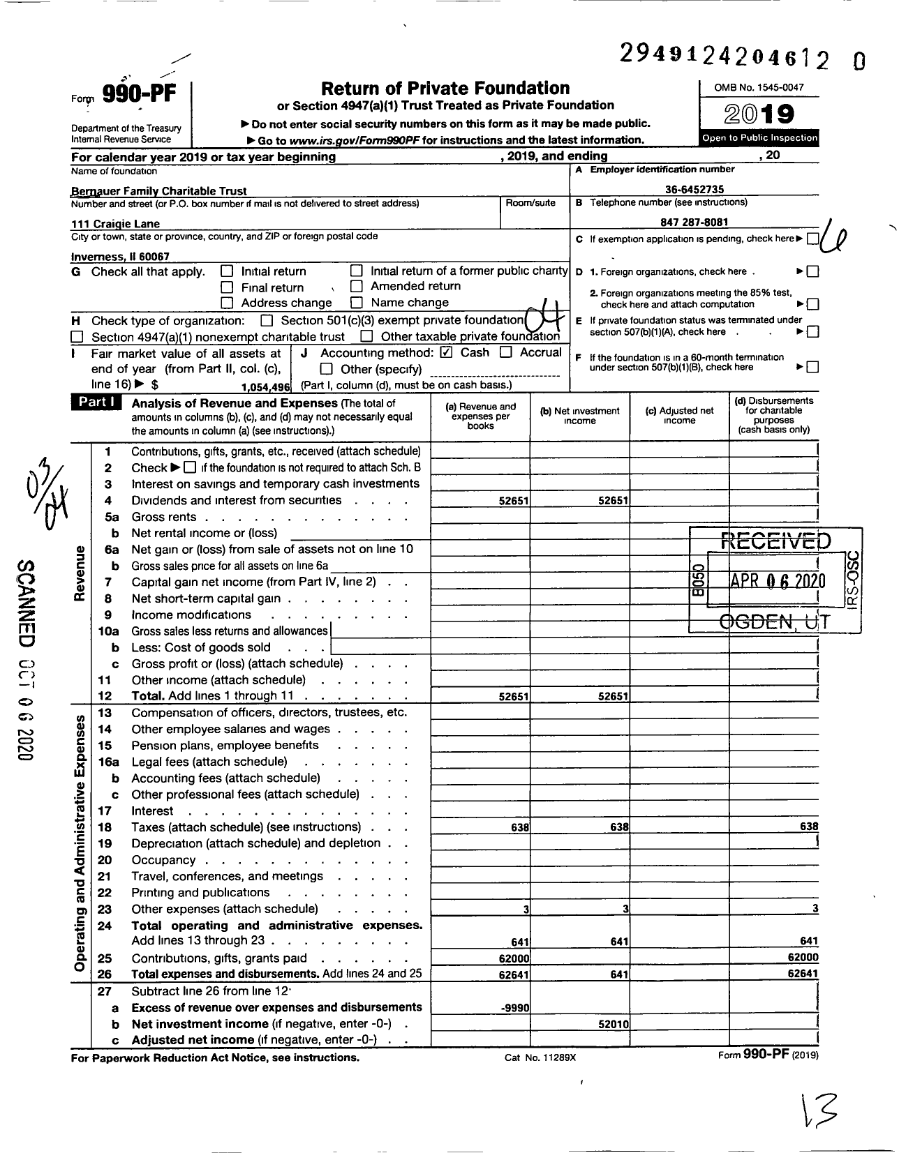 Image of first page of 2019 Form 990PR for Bernauer Family Charitable Trust