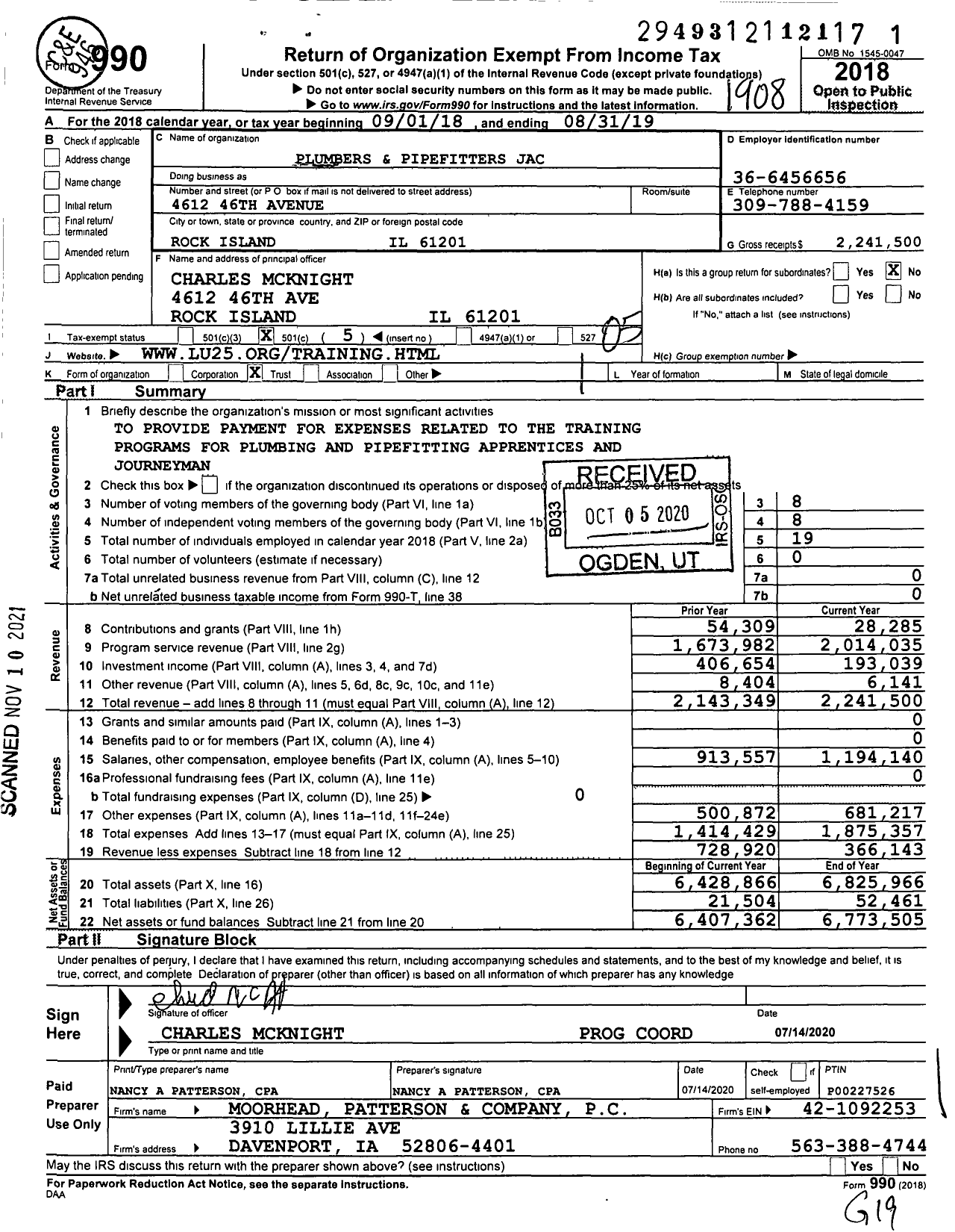 Image of first page of 2018 Form 990O for Plumbers and Pipefitters Jac