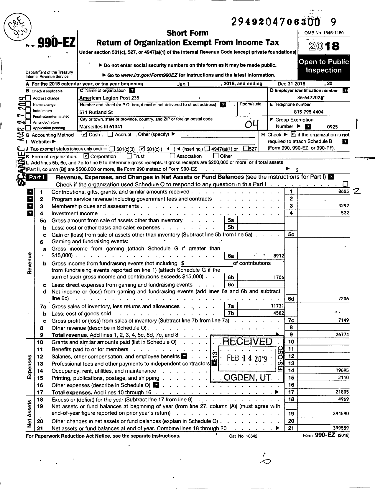 Image of first page of 2018 Form 990EO for American Legion - 235 Marseilles