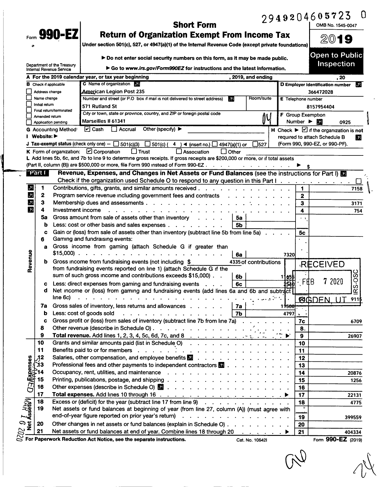 Image of first page of 2019 Form 990EO for American Legion - 235 Marseilles