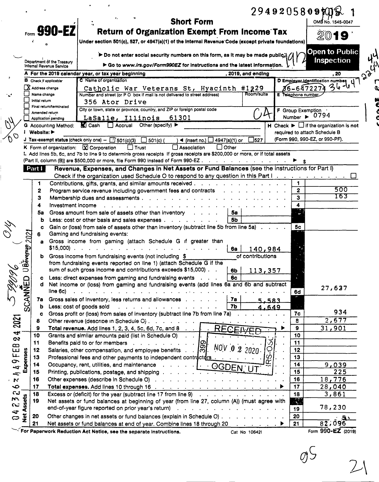 Image of first page of 2019 Form 990EO for Catholic War Veterans of the United States of America - 1229 St Hyacinth Post