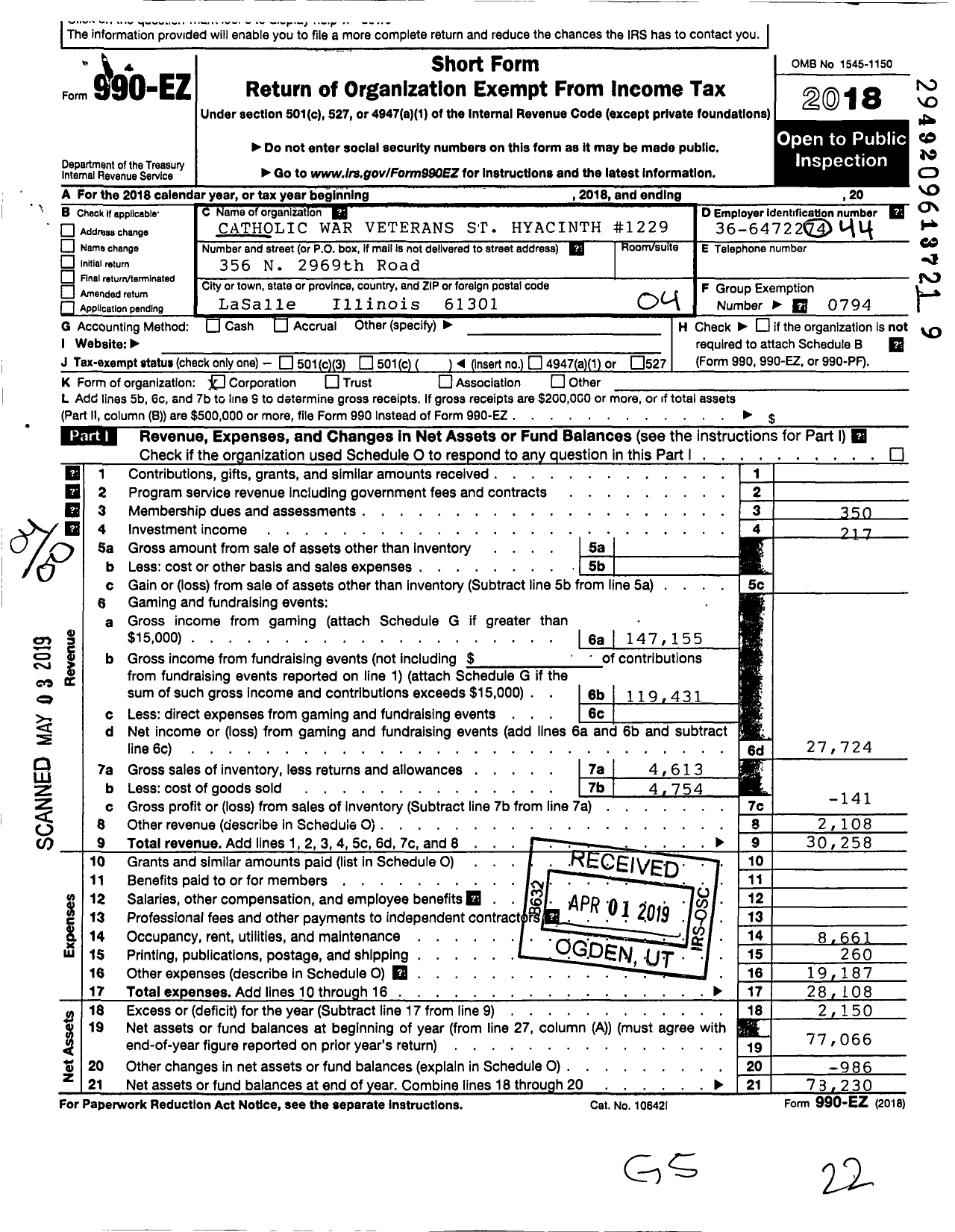 Image of first page of 2018 Form 990EO for Catholic War Veterans of the United States of America - 1229 St Hyacinth Post