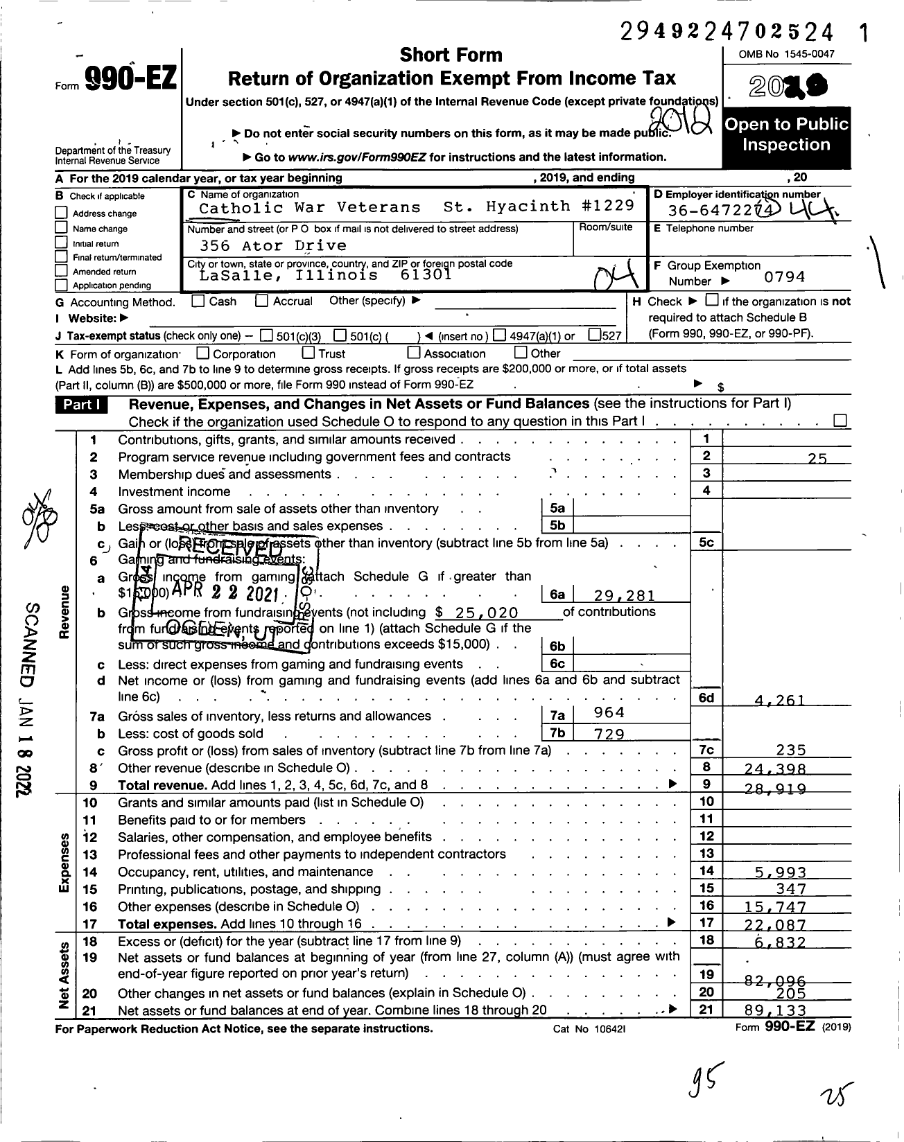 Image of first page of 2020 Form 990EO for Catholic War Veterans of the United States of America - 1229 St Hyacinth Post