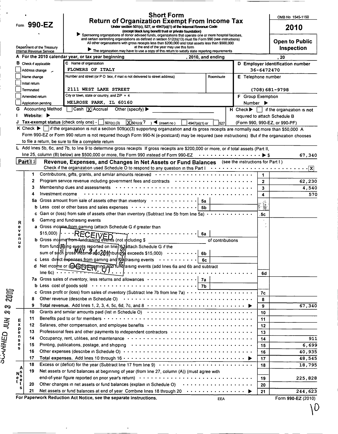 Image of first page of 2010 Form 990EO for Flowers of Italy Club