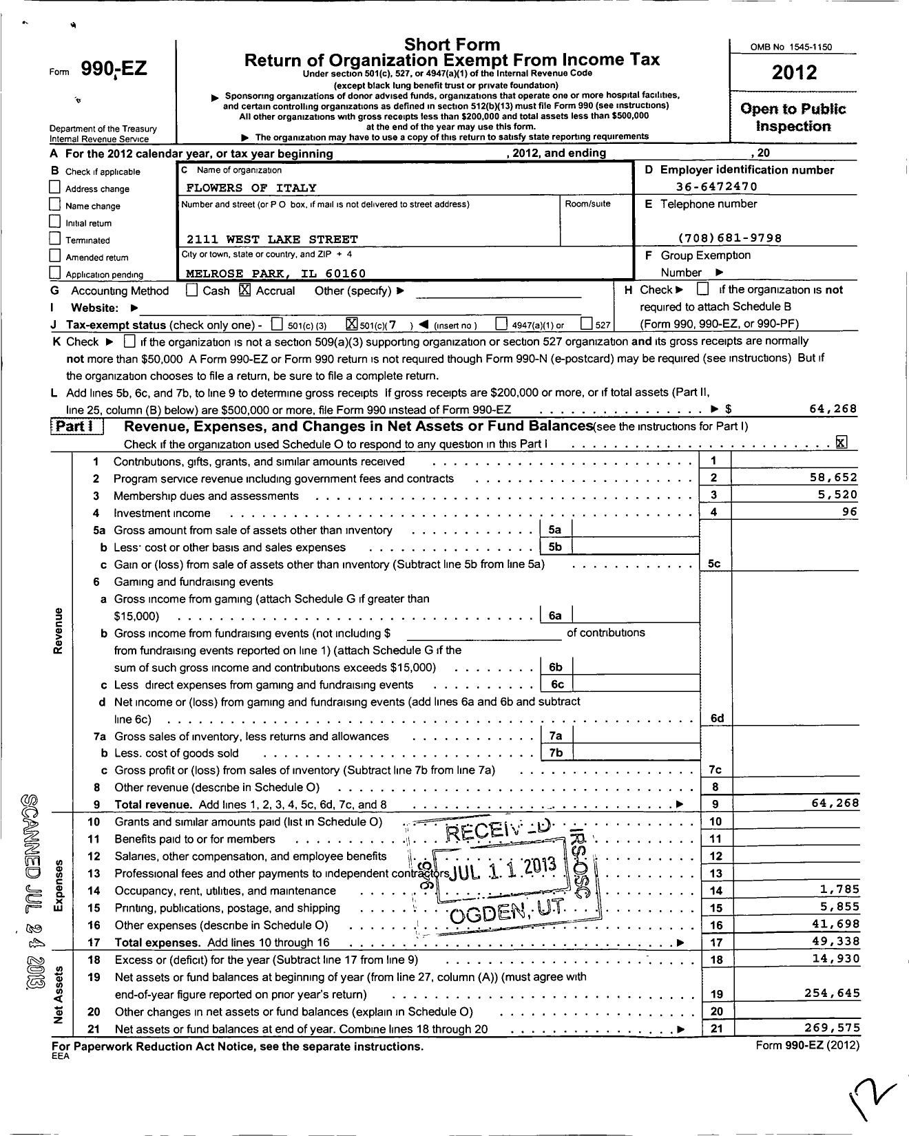 Image of first page of 2012 Form 990EO for Flowers of Italy Club