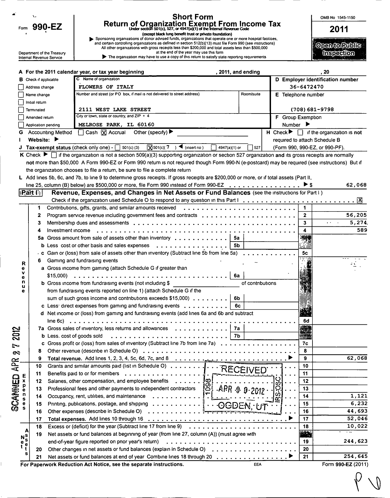 Image of first page of 2011 Form 990EO for Flowers of Italy Club