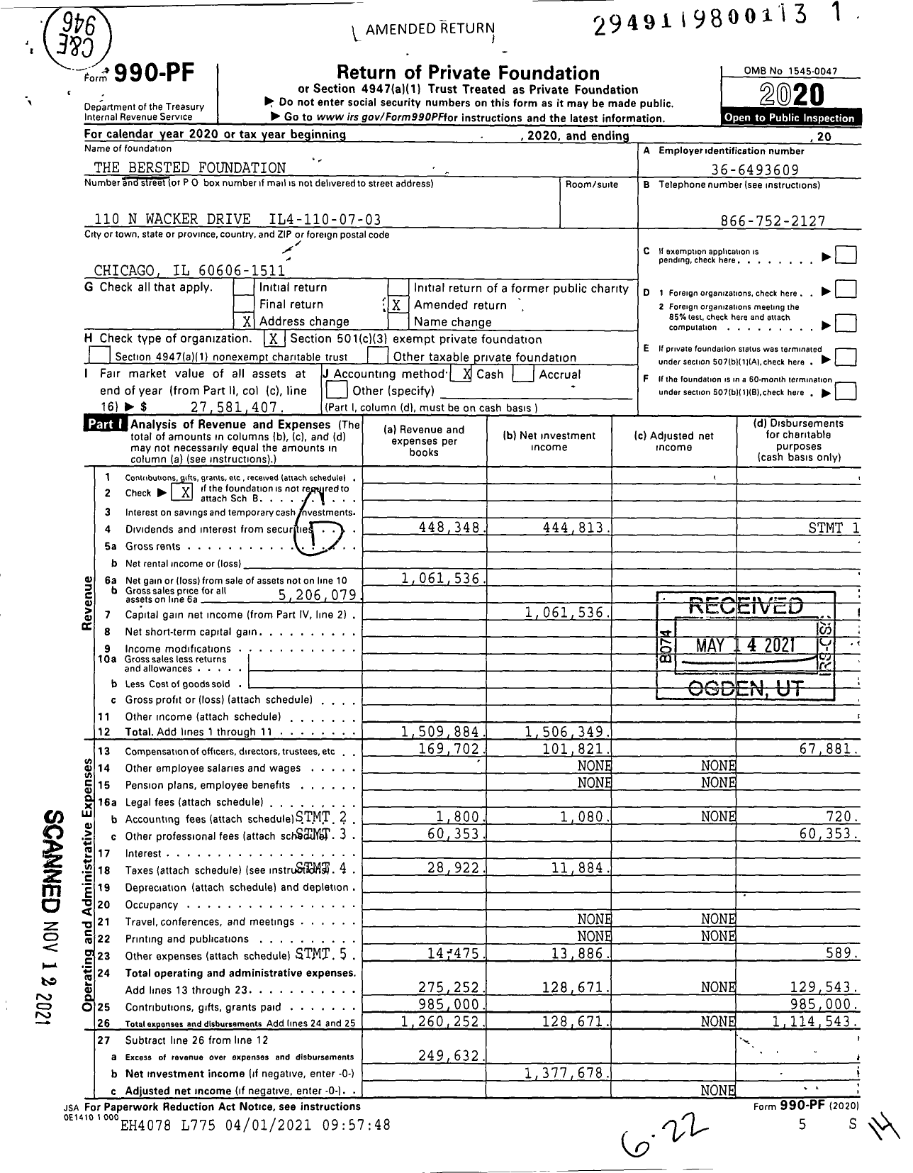 Image of first page of 2020 Form 990PF for The Bersted Foundation