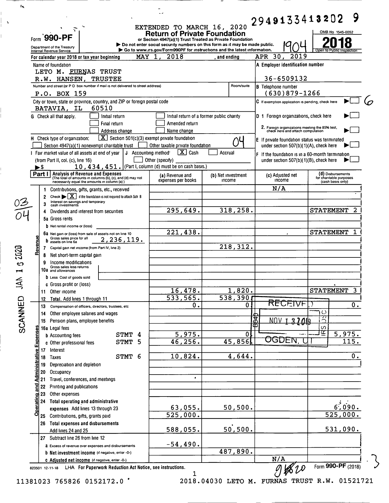 Image of first page of 2018 Form 990PF for Leto M. Furnas Trust