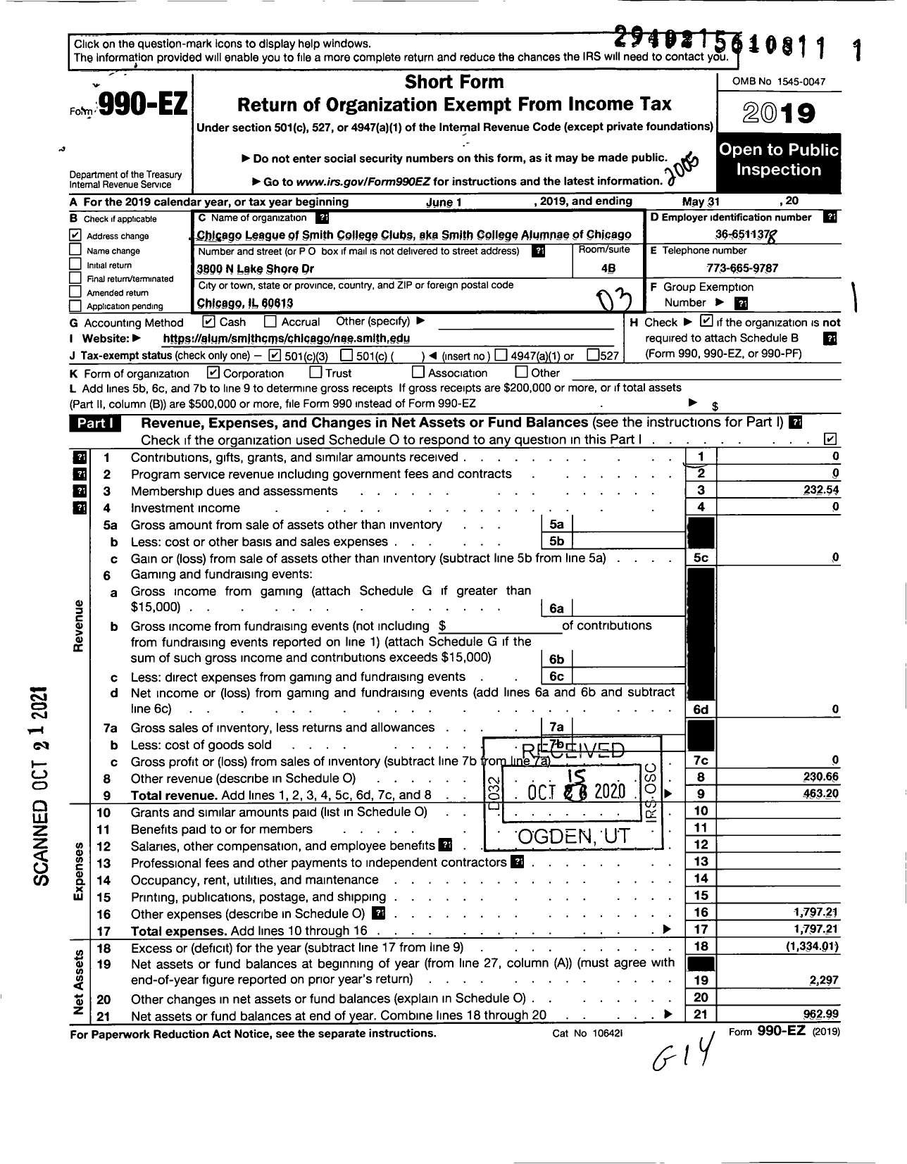 Image of first page of 2019 Form 990EZ for Chicago League of Smith College Clubs