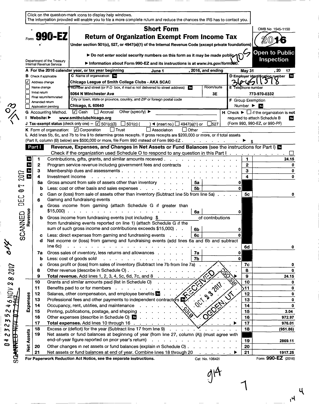 Image of first page of 2016 Form 990EZ for Chicago League of Smith College Clubs